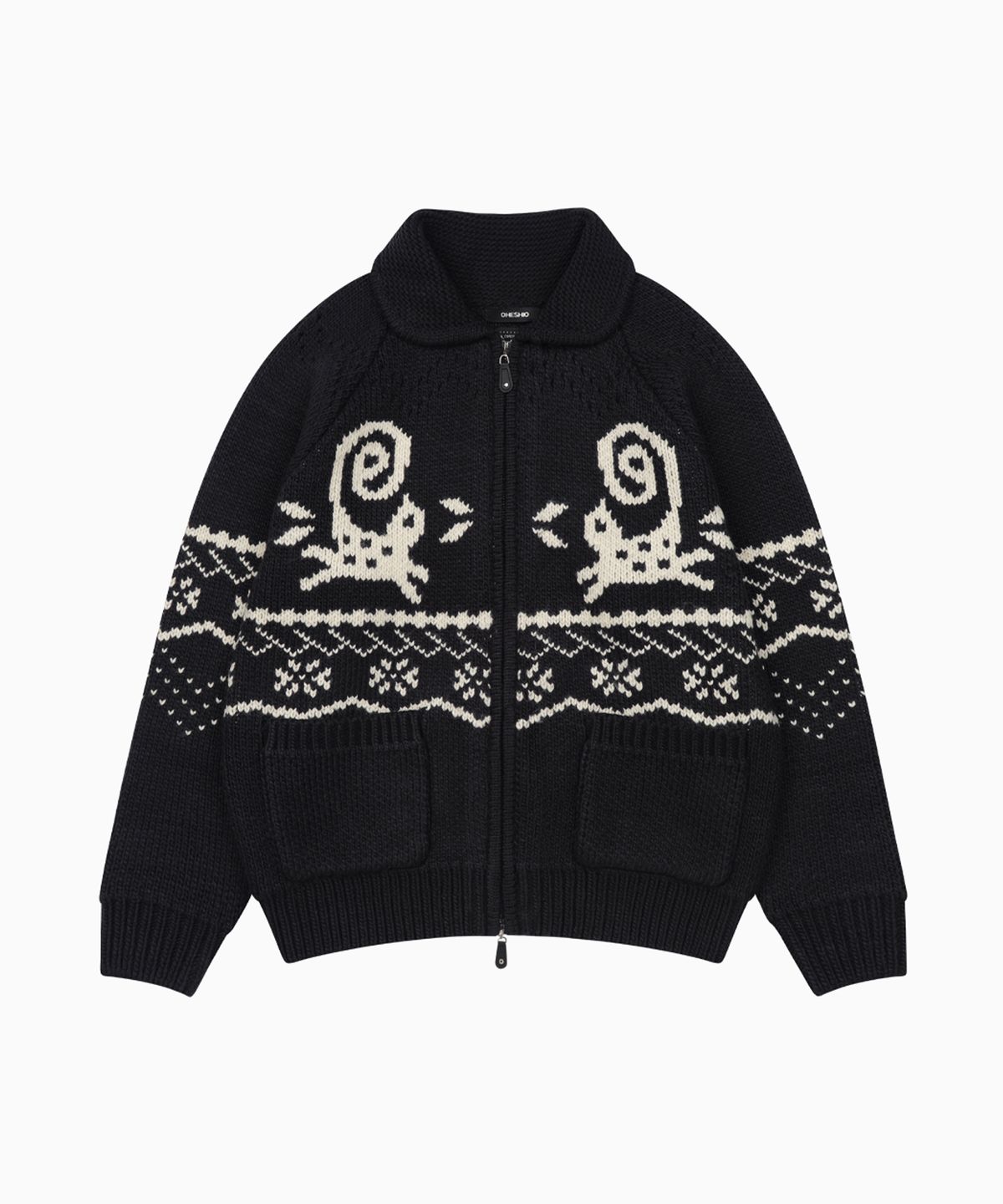 오헤시오(OHESHIO) CAT GRAPHIC COWICHAN ZIP-UP, NAVY