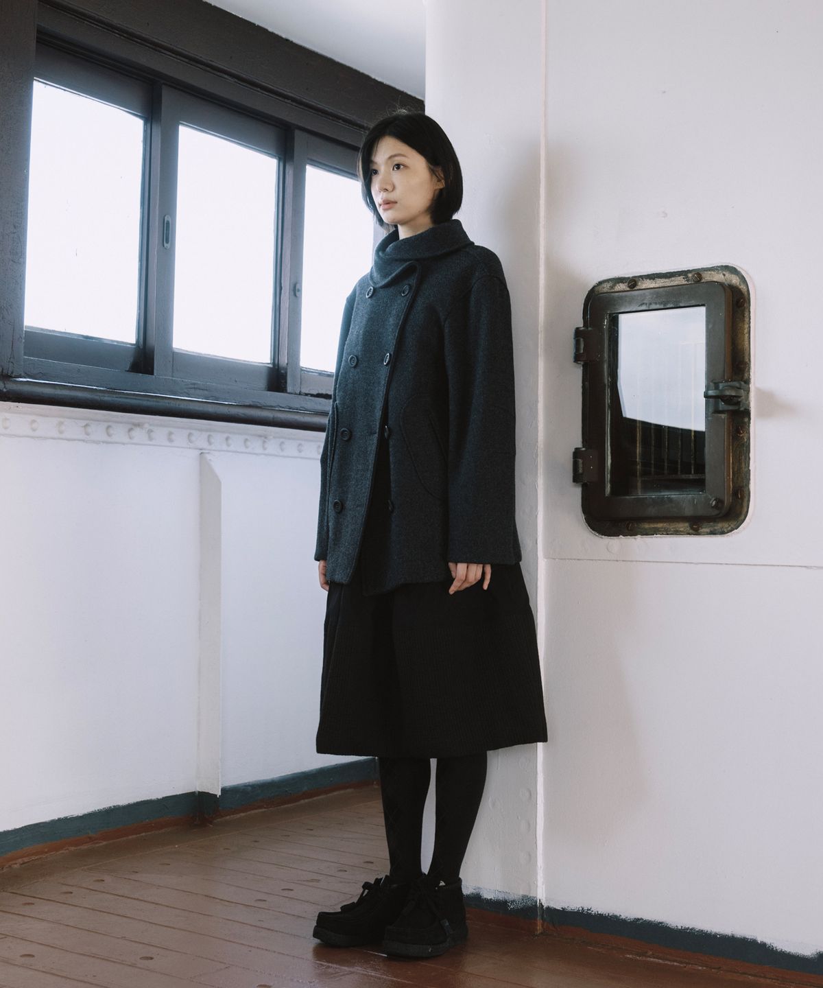 오헤시오(OHESHIO) LAYERED COLLAR DOUBLE WOOL COAT, CHARCOAL