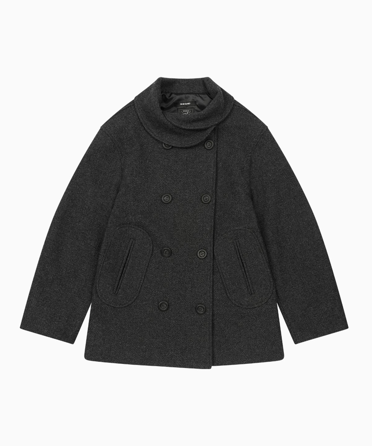 오헤시오(OHESHIO) LAYERED COLLAR DOUBLE WOOL COAT, CHARCOAL