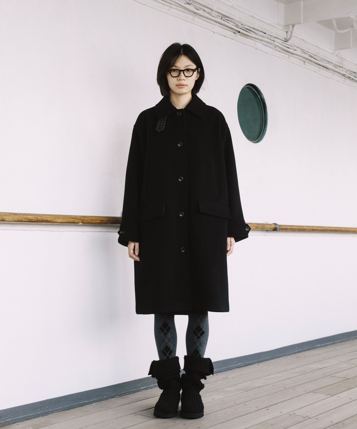ジャケット・アウター oheshio CHECK WOOL LONG COAT, BLACK OHESHIO | CHECK WOOL LONG COAT