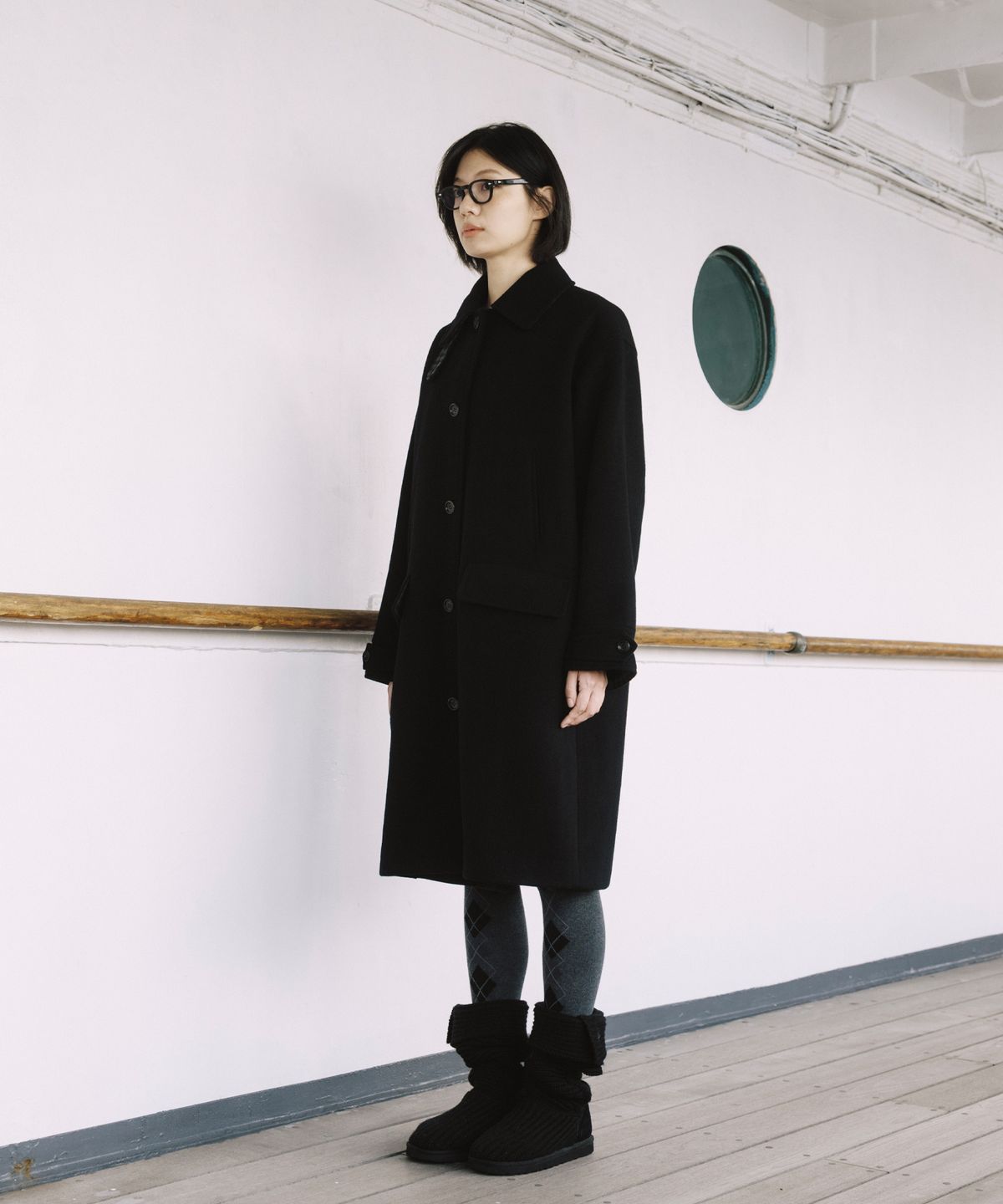 오헤시오(OHESHIO) CHECK WOOL LONG COAT, BLACK