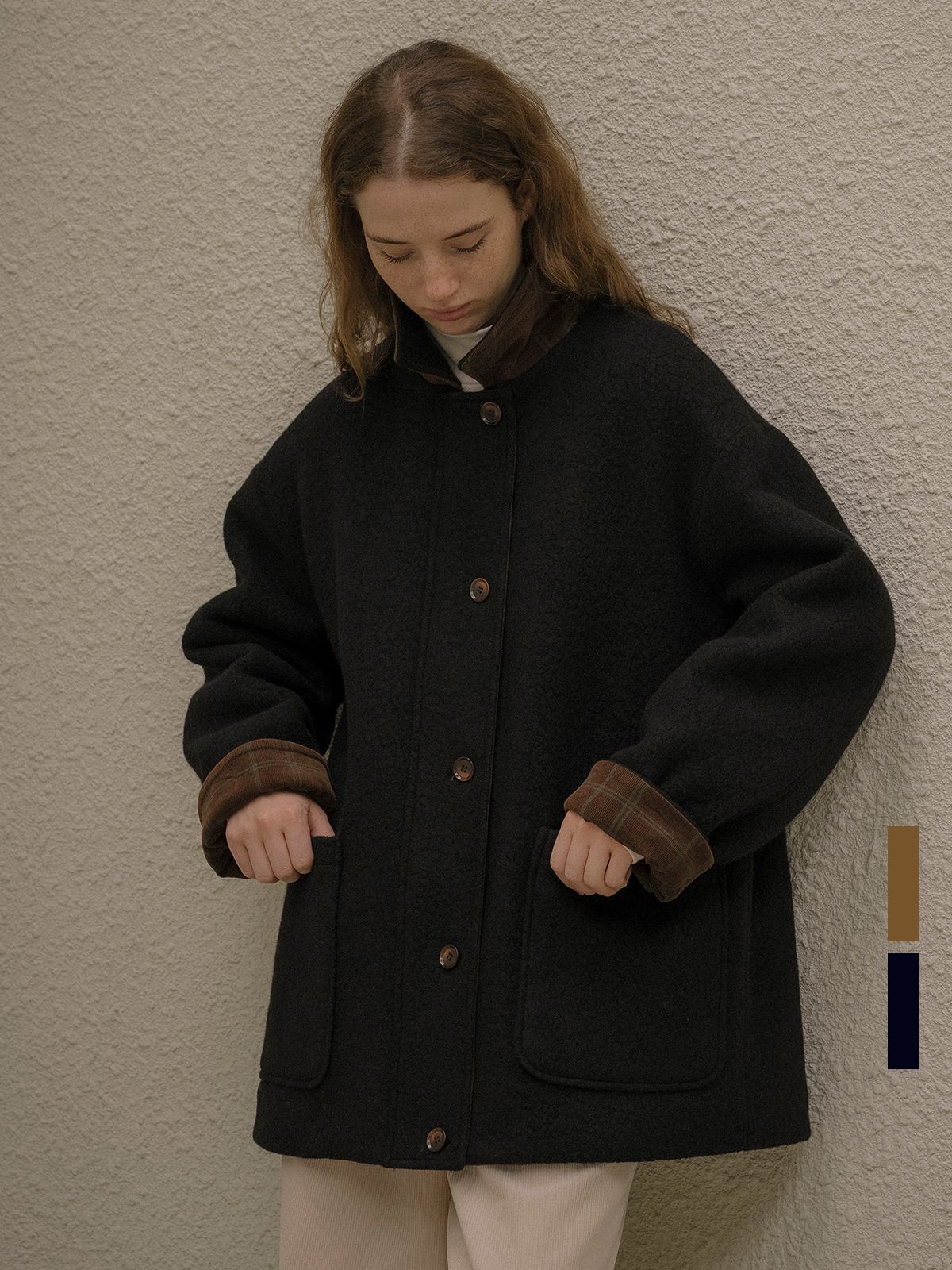 노운베러(KNOWNBETTER) Wool blend roll-up check half Coat [KNFW05CT03]_[2color]