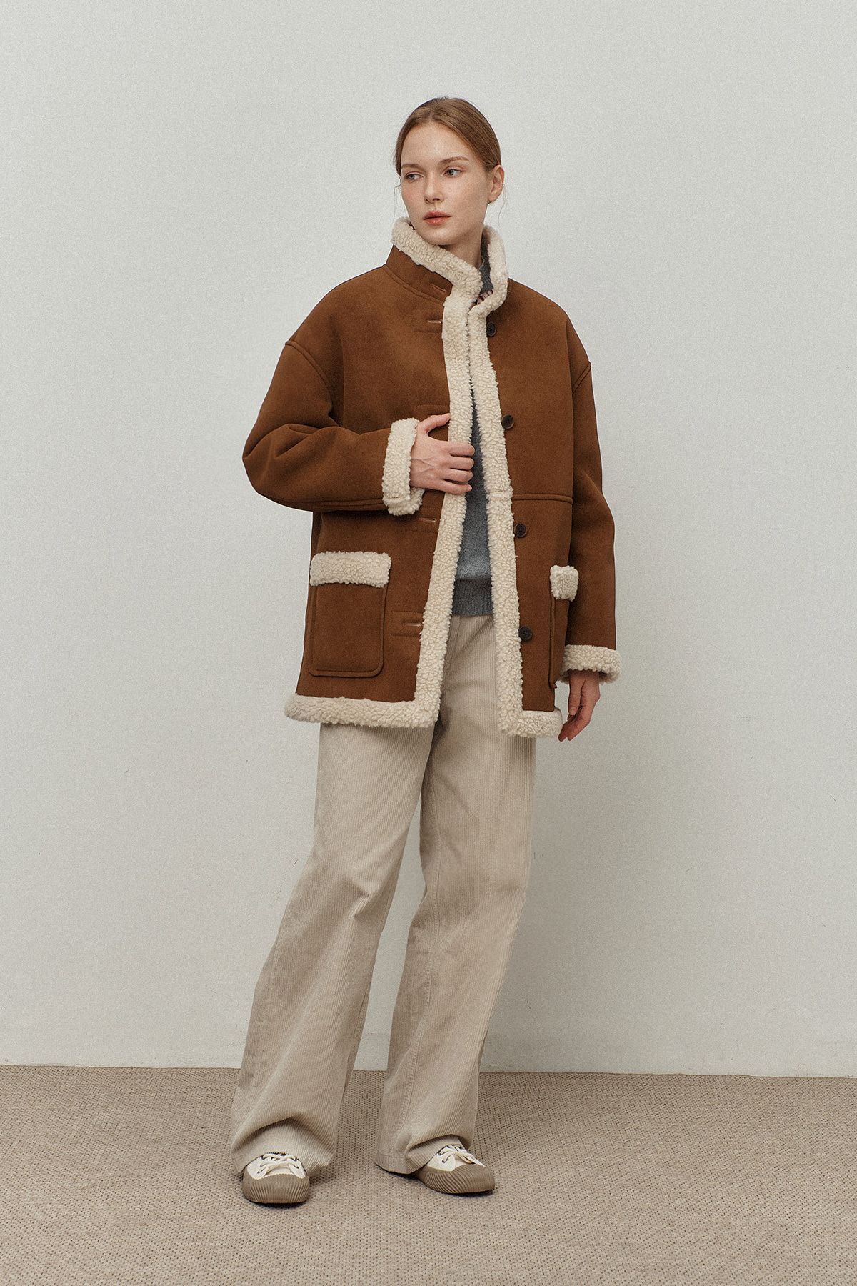 르몽생미셸(LE MONT ST MICHEL) High Neck Women Shearing Jacket_Camel