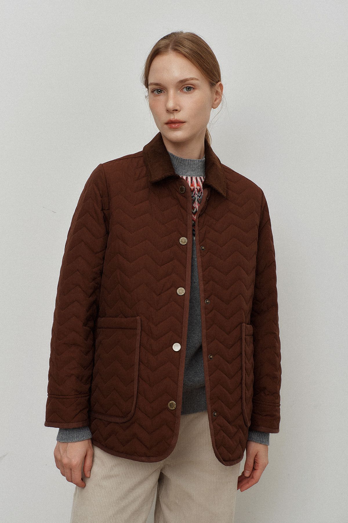 르몽생미셸(LE MONT ST MICHEL) Quilted jacket with corduroy collar_Brown