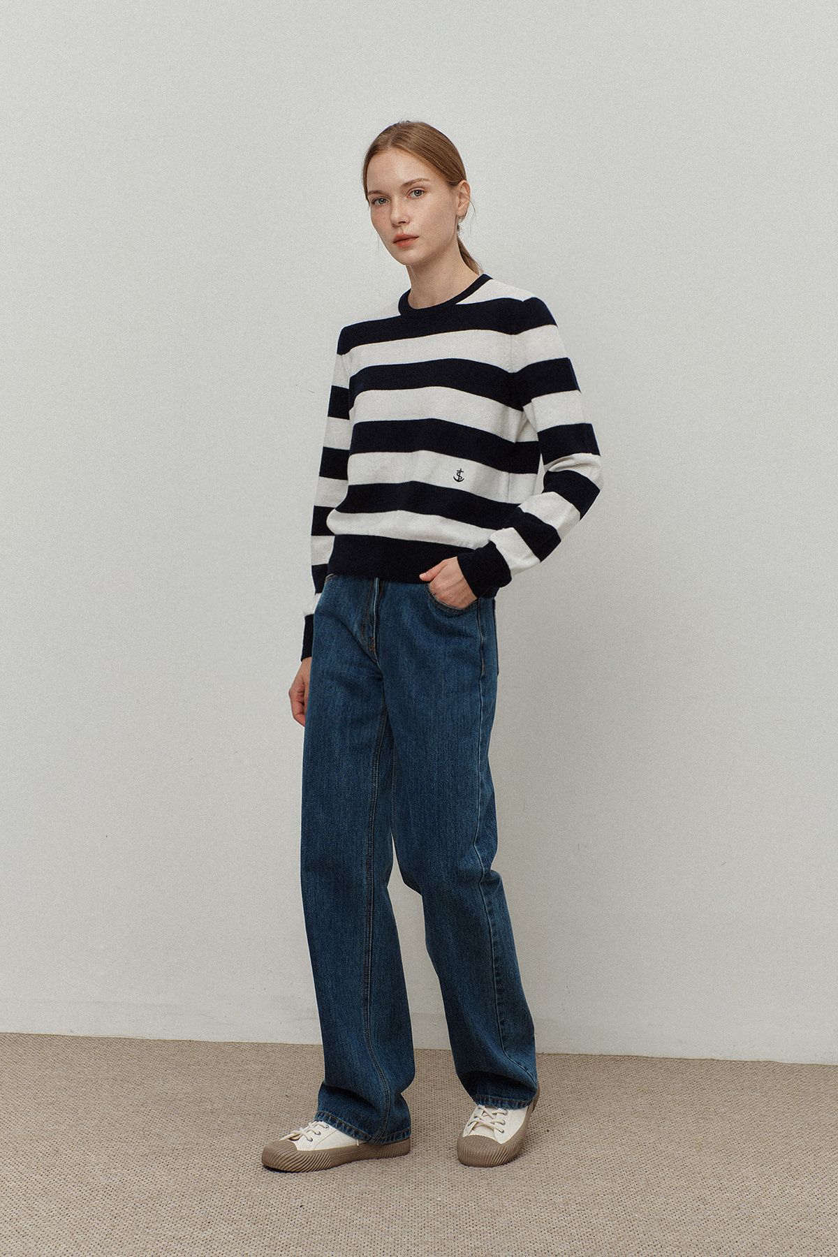 르몽생미셸(LE MONT ST MICHEL) round stripe anchor point knit_navy