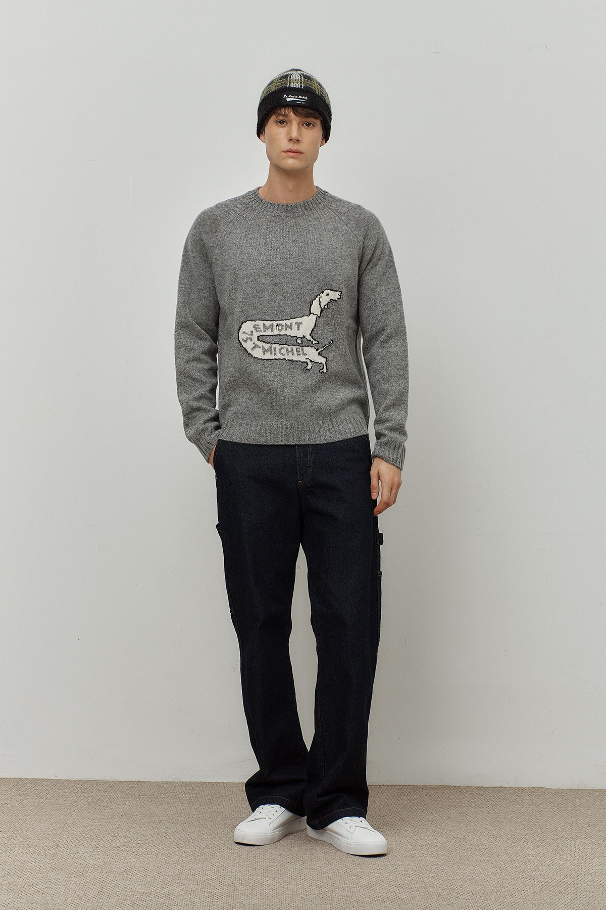 르몽생미셸(LE MONT ST MICHEL) DOG illust pullover knit_Grey