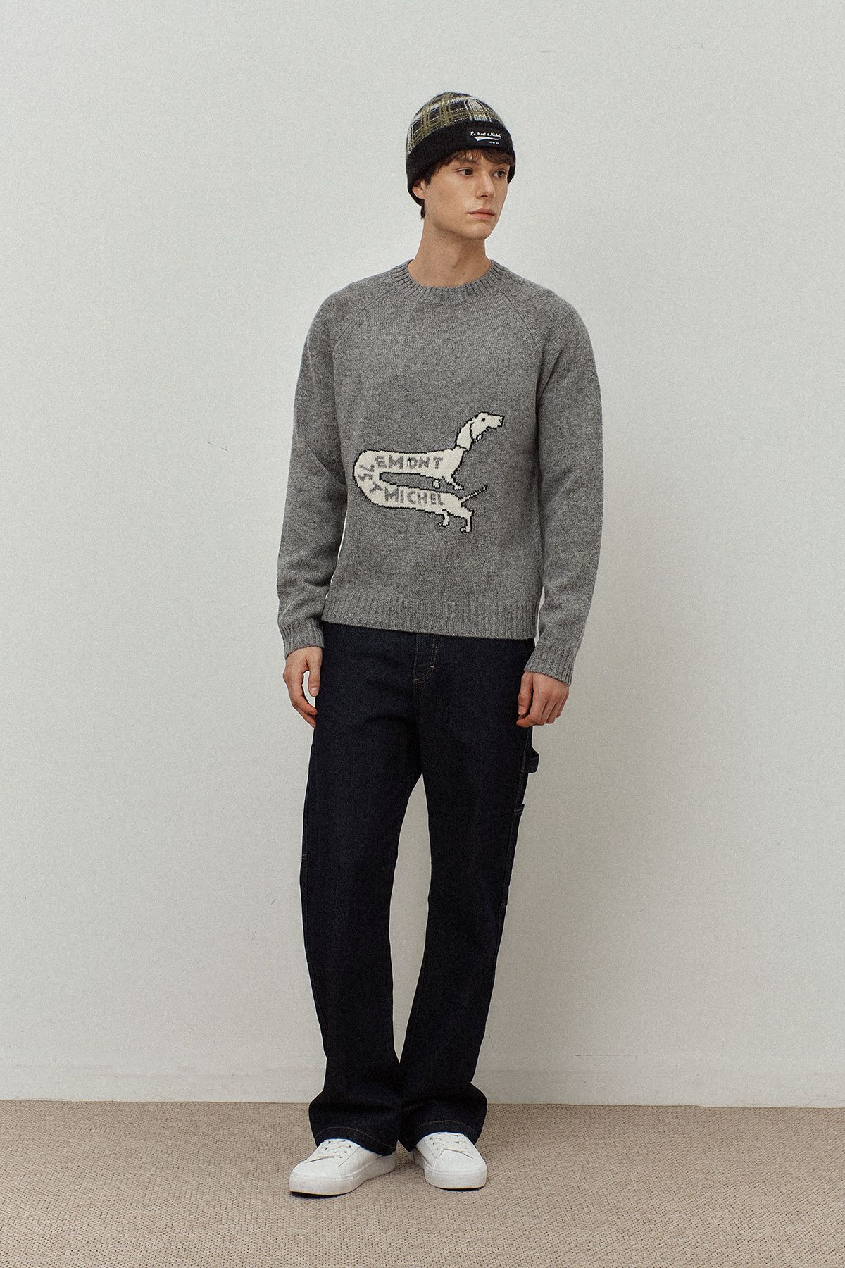 르몽생미셸(LE MONT ST MICHEL) DOG illust pullover knit_Grey