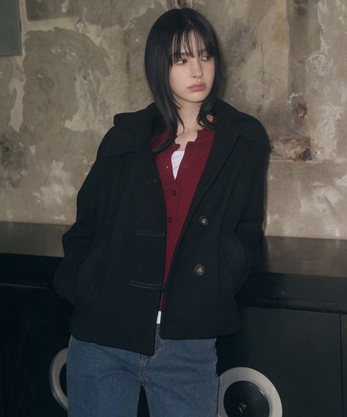 레더리(LEATHERY) 캐시미어 멜톤 더플 후디 숏 코트 [GREY]