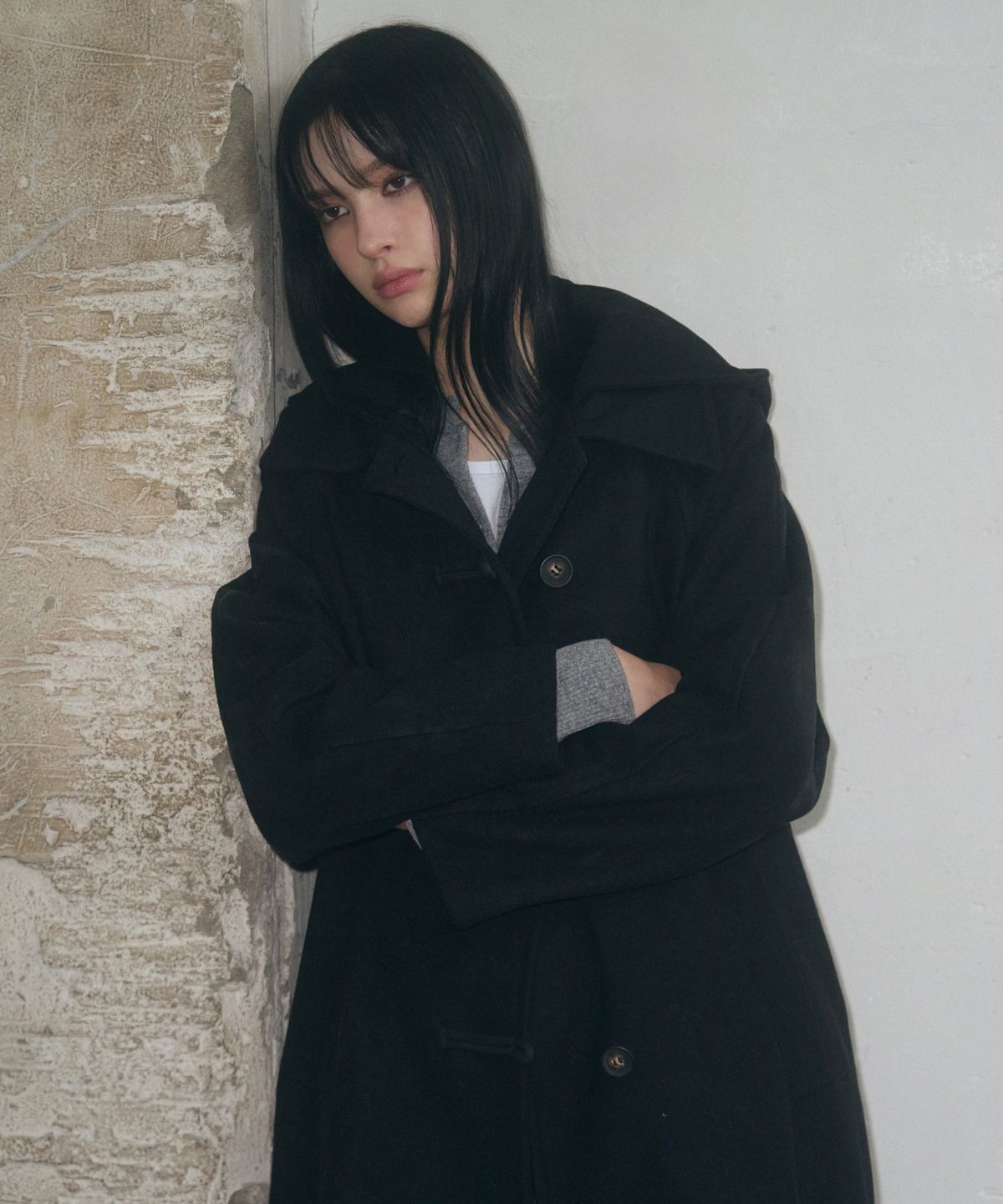 레더리(LEATHERY) 캐시미어 멜톤 더플 후디 롱 코트 [BLACK]