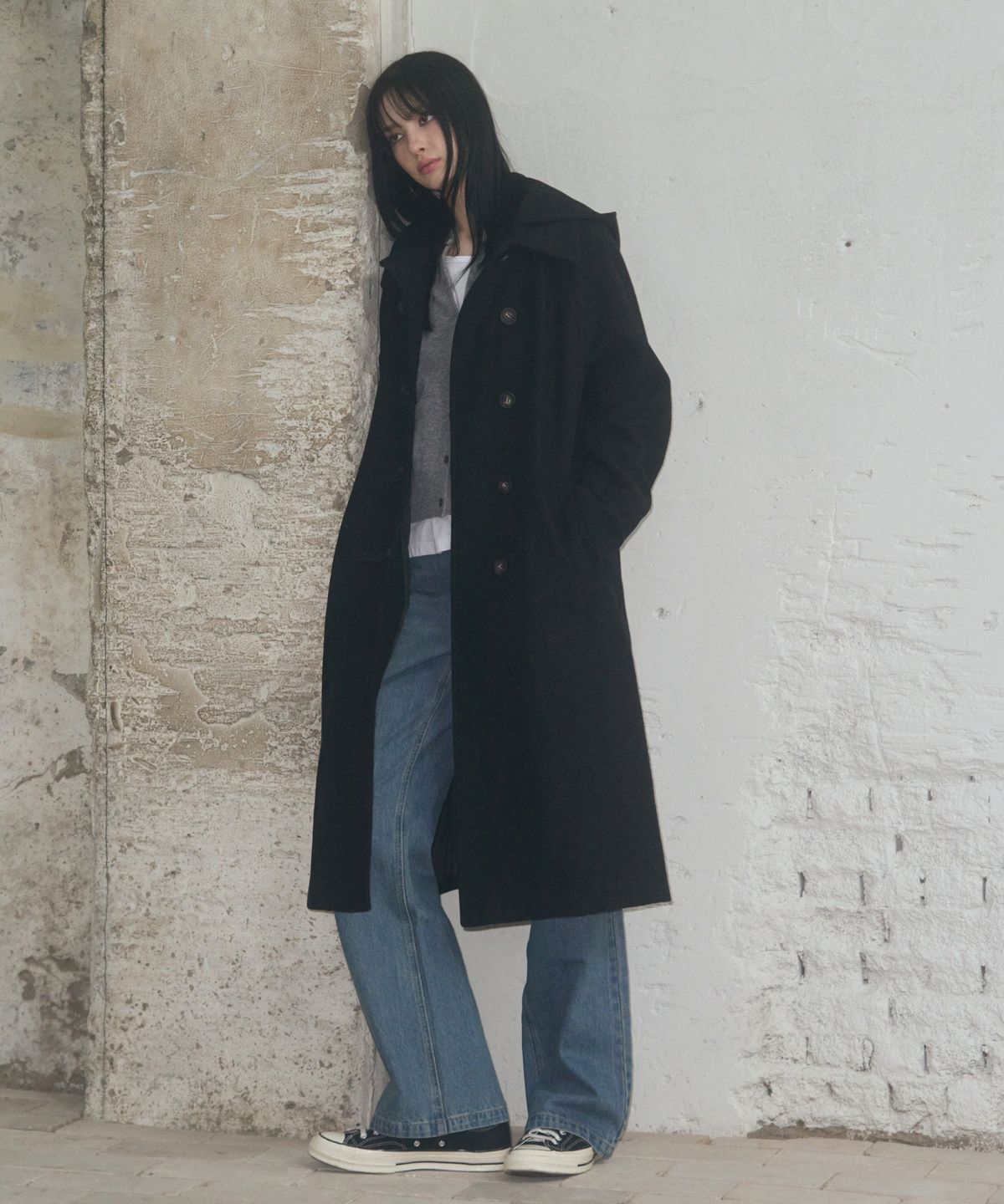 레더리(LEATHERY) 캐시미어 멜톤 더플 후디 롱 코트 [GREY]