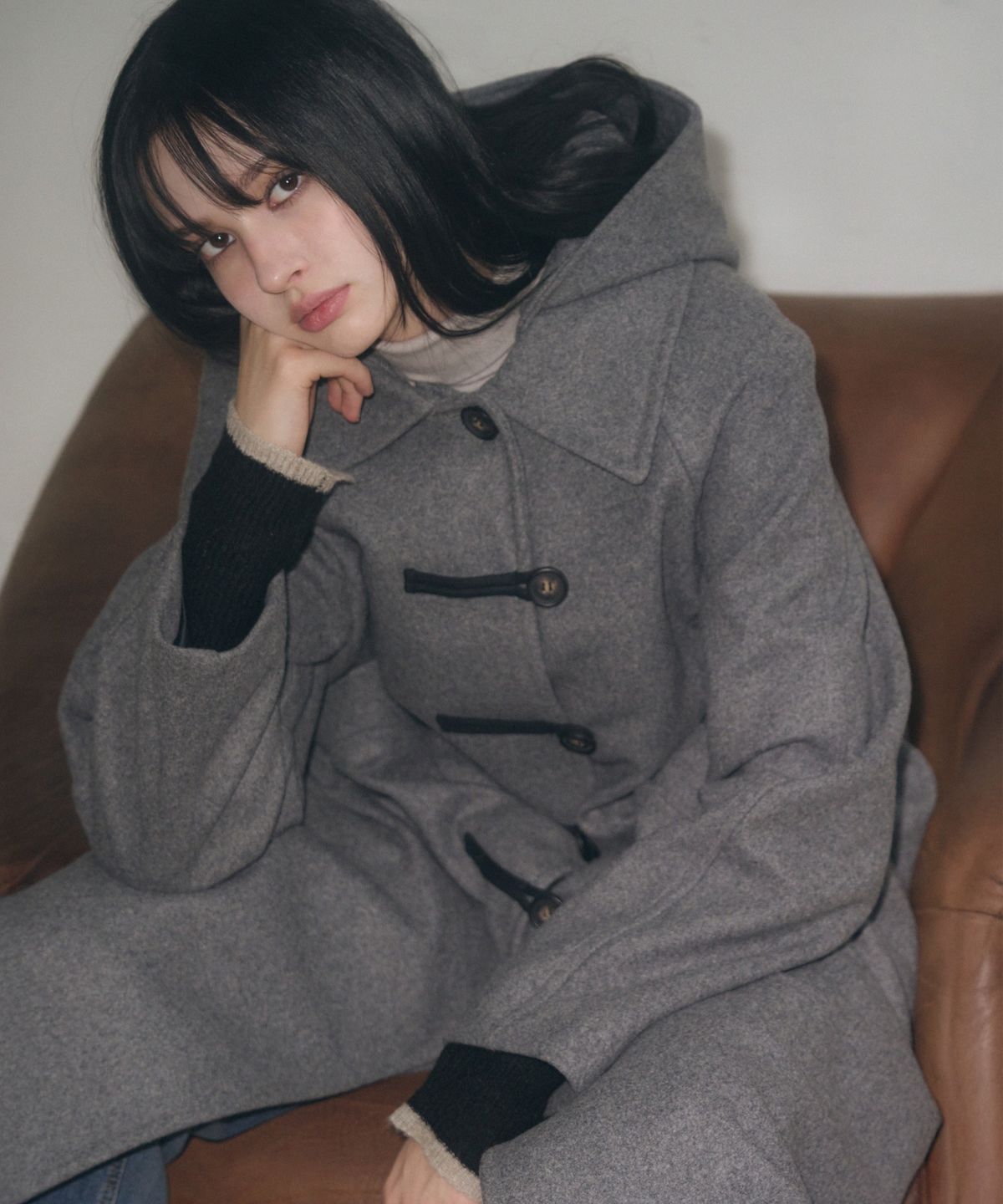 레더리(LEATHERY) 캐시미어 멜톤 더플 후디 롱 코트 [GREY]