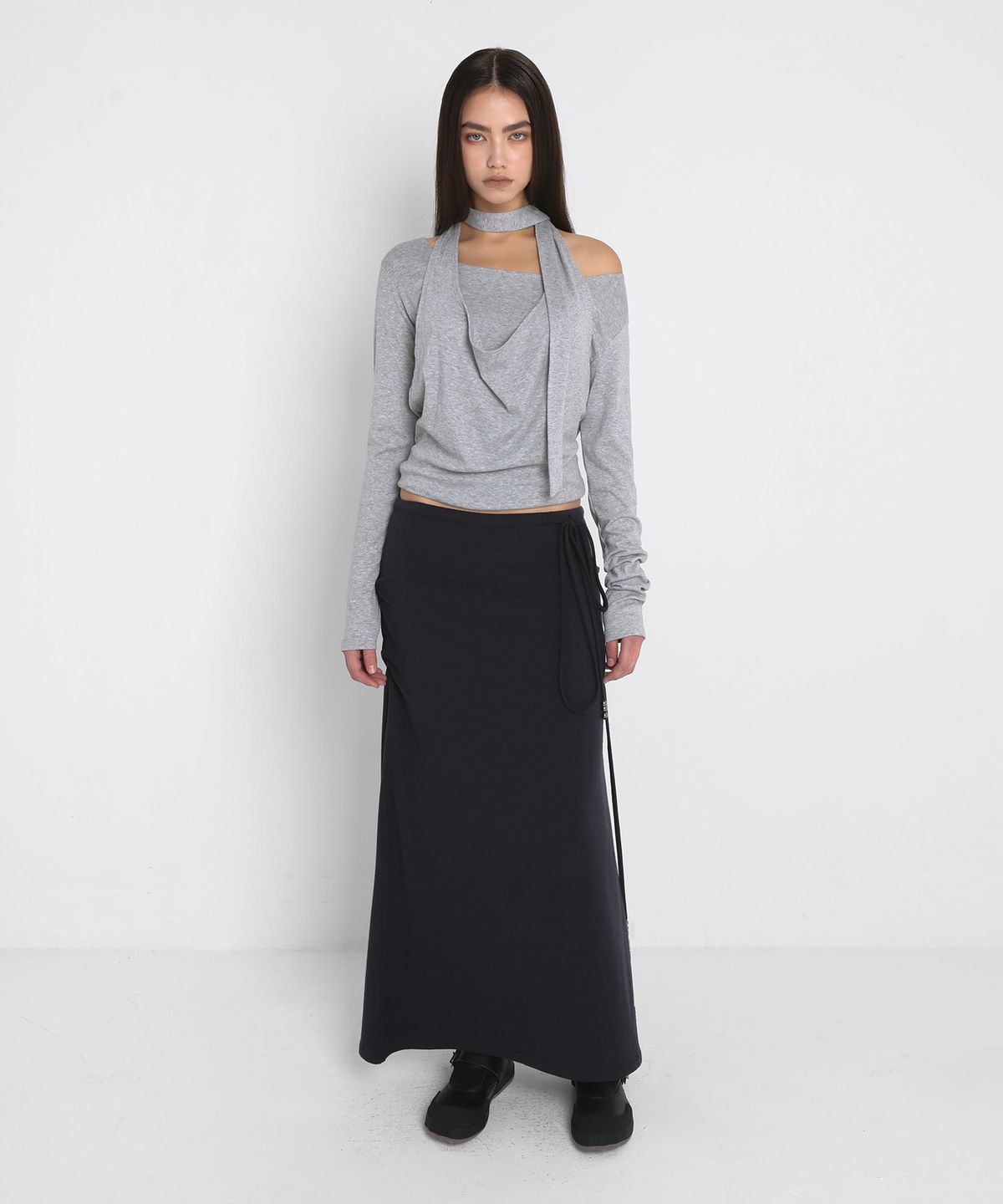 샌드릭(SANDRIC) DRAPED HALTER LAYERED LONG SLEEVE T-SHIRT_MELANGE GREY