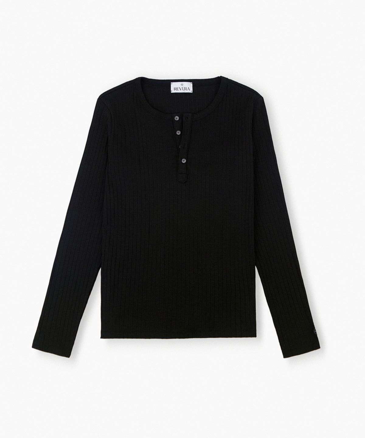 레뷰라(REVURA) REVE COTTON MODAL RIBBED HENLEY SHIRTS - BLACK