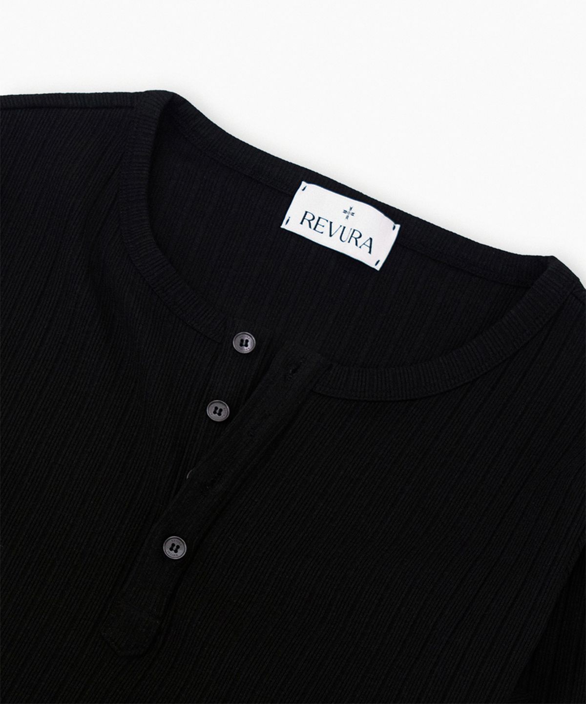 레뷰라(REVURA) REVE COTTON MODAL RIBBED HENLEY SHIRTS - BLACK