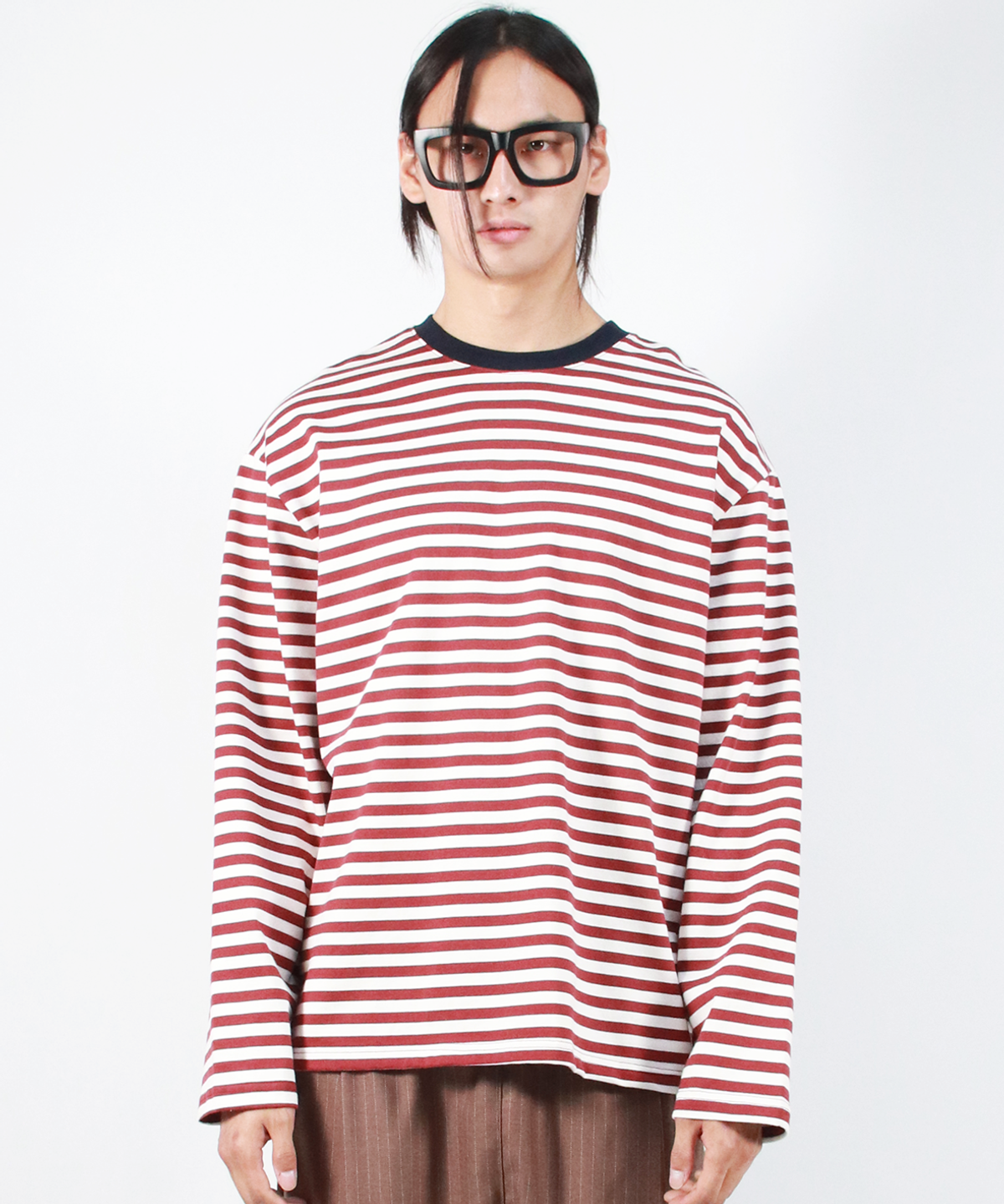 드마크(DEMARC) M STRIPE LOOSE-FIT LONG SLEEVE TEE -  burgundy