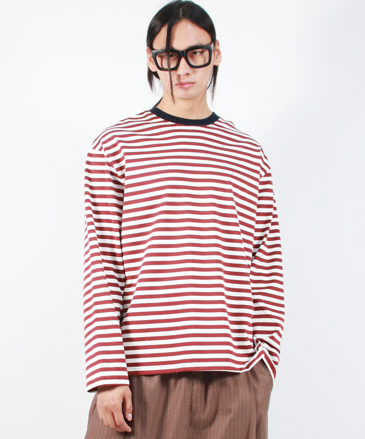 드마크(DEMARC) M STRIPE LOOSE-FIT LONG SLEEVE TEE -  burgundy