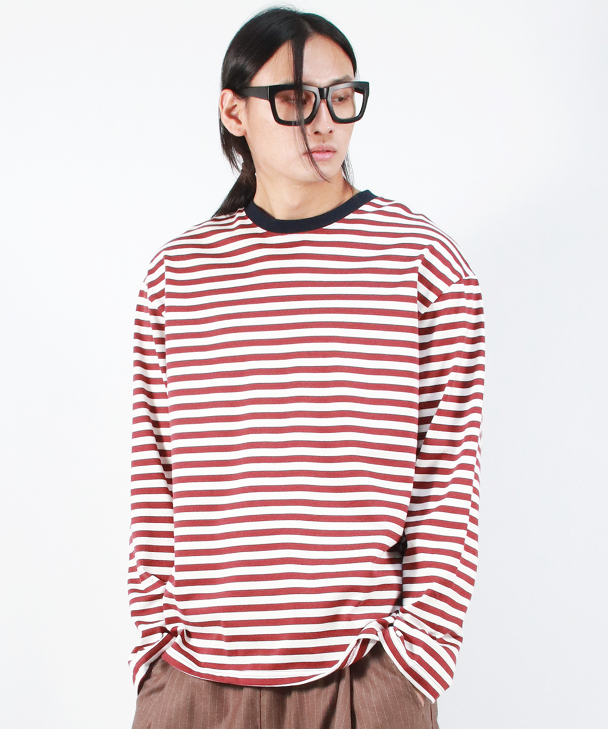 드마크(DEMARC) M STRIPE LOOSE-FIT LONG SLEEVE TEE -  burgundy