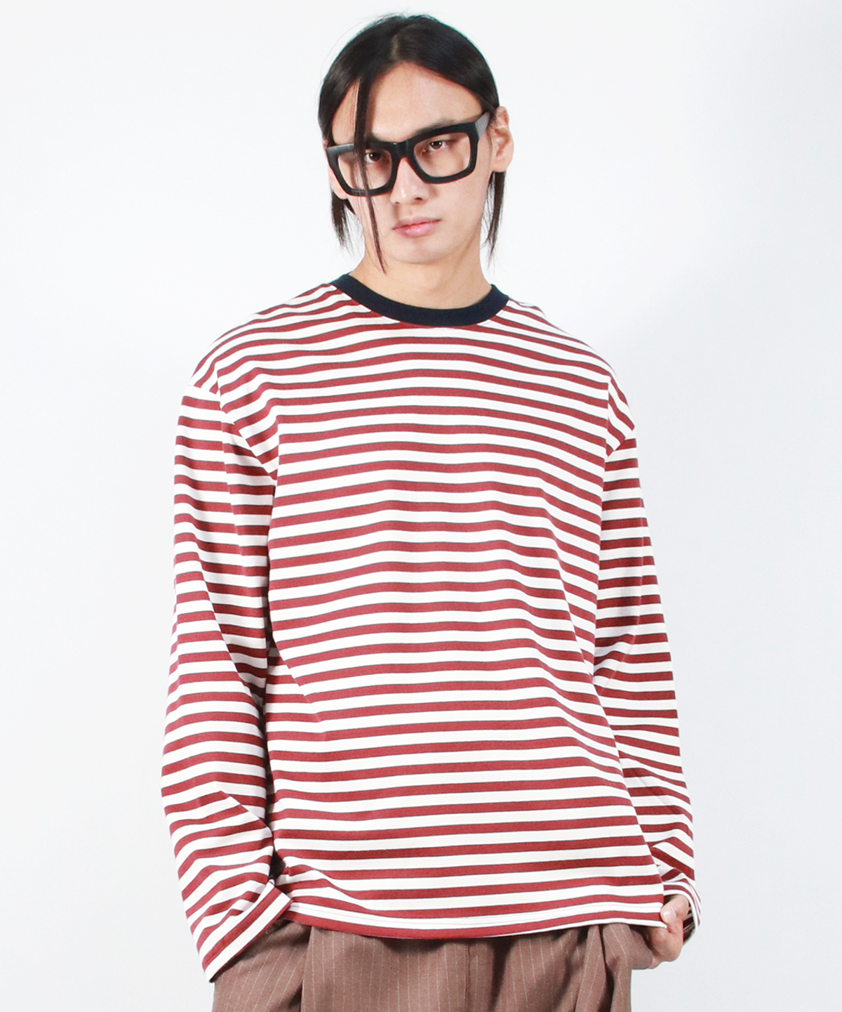 드마크(DEMARC) M STRIPE LOOSE-FIT LONG SLEEVE TEE -  burgundy