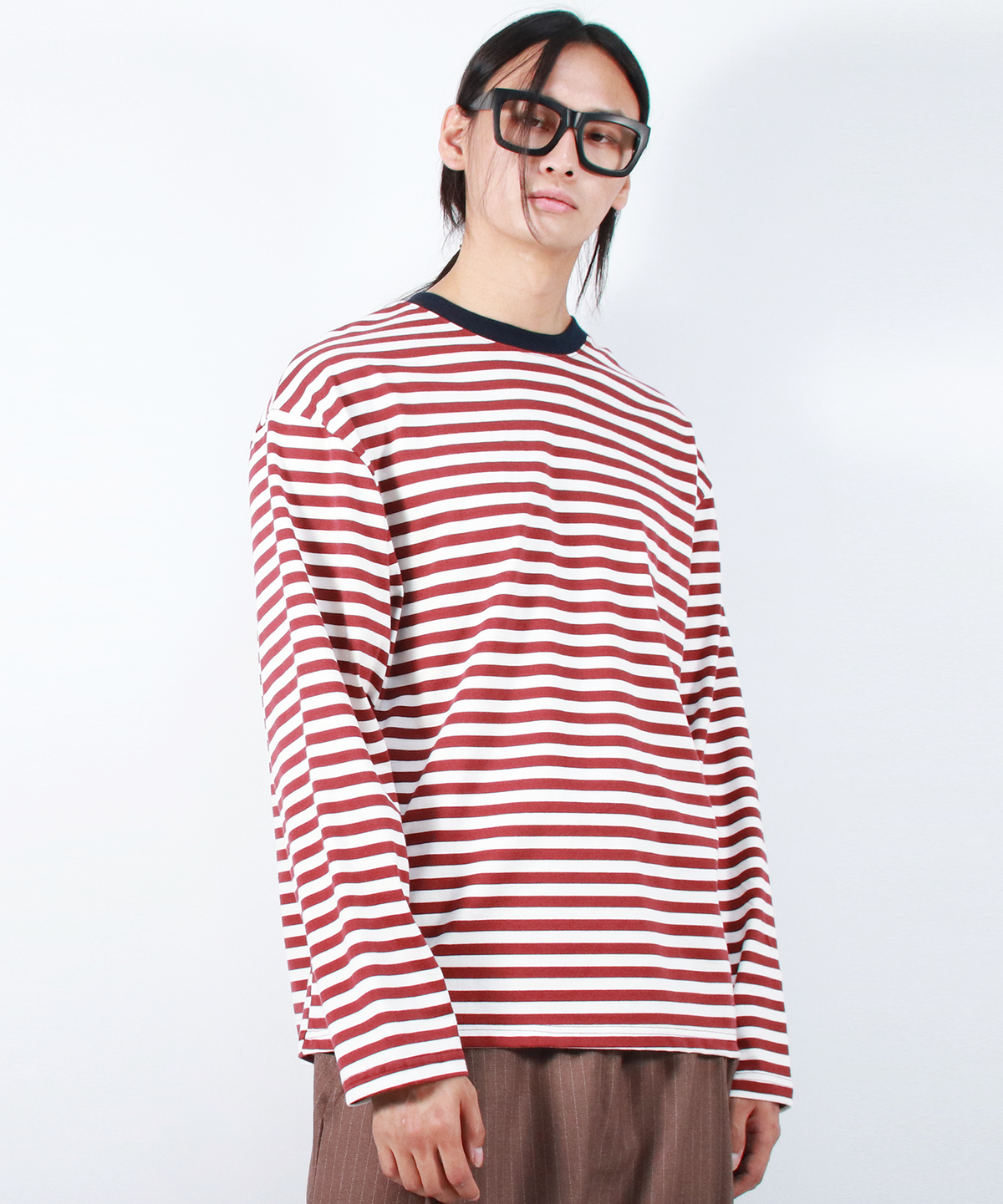 드마크(DEMARC) M STRIPE LOOSE-FIT LONG SLEEVE TEE -  burgundy