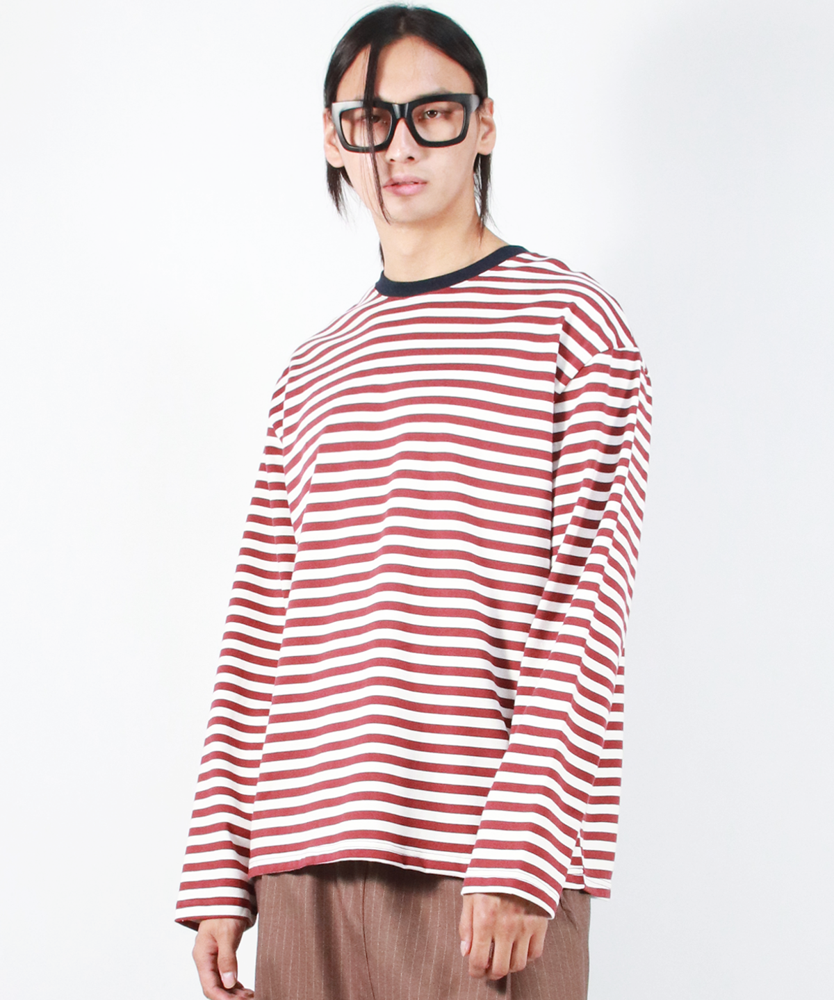 드마크(DEMARC) M STRIPE LOOSE-FIT LONG SLEEVE TEE -  burgundy
