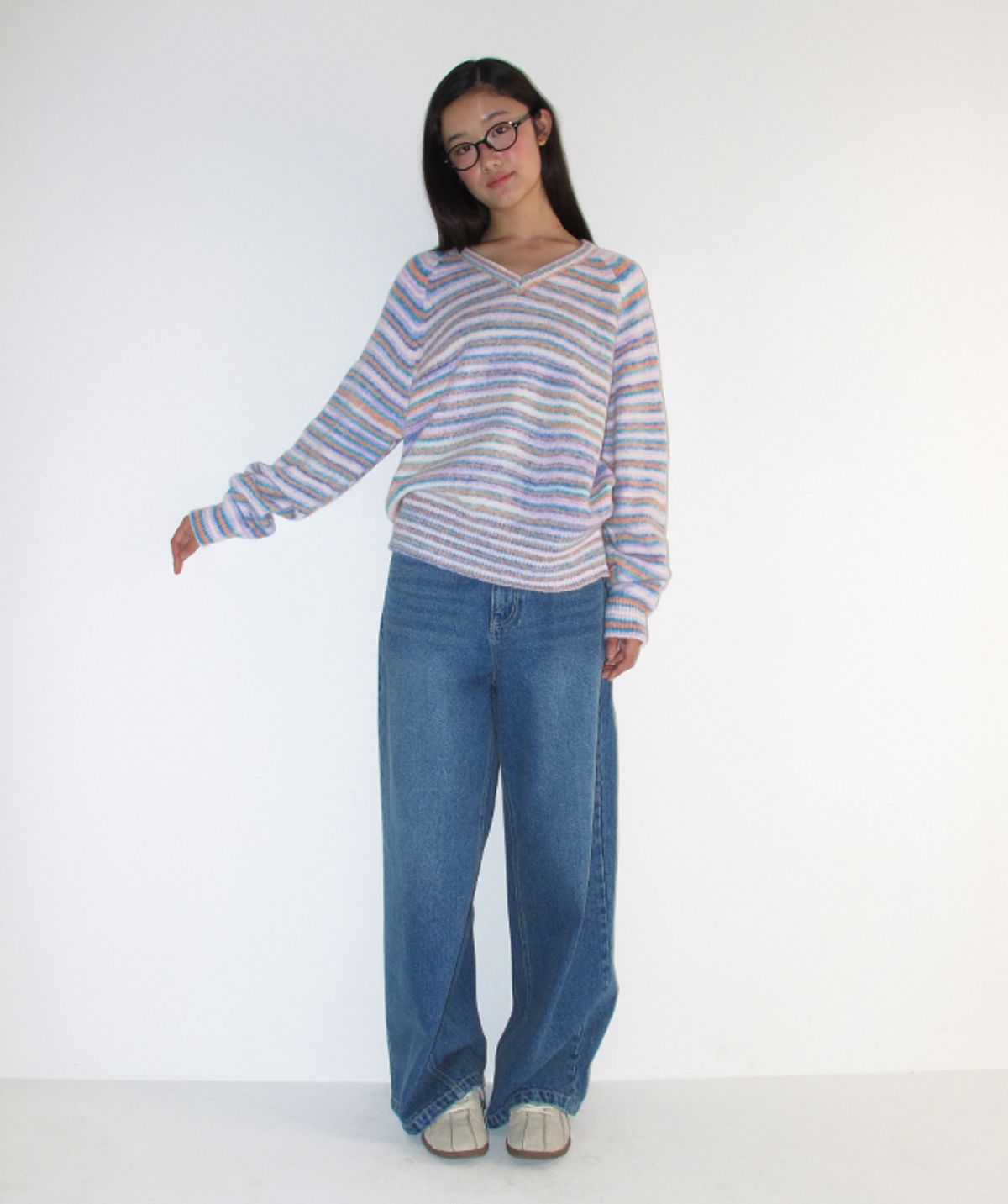 론론(RONRON) SOFT STRIPE V NECK KNIT PURPLE