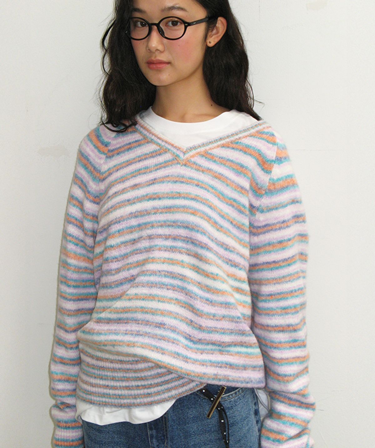 론론(RONRON) SOFT STRIPE V NECK KNIT PURPLE