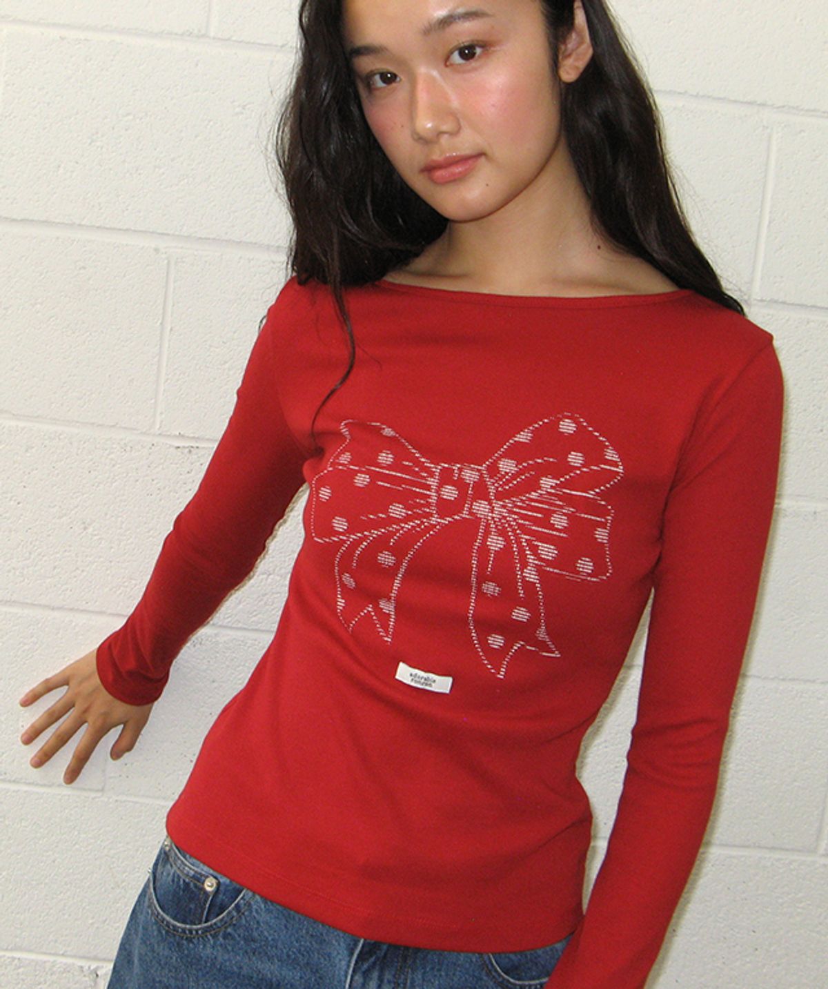 론론(RONRON) DOT RIBBON SLIM FIT LONG SLEEVE RED