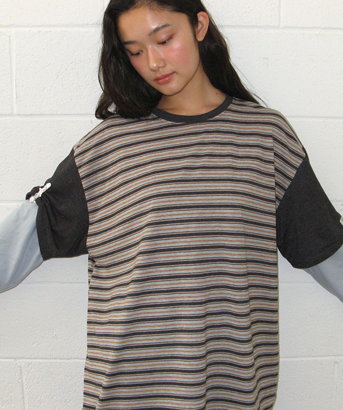 론론(RONRON) COLOR BLOCK STRIPE LAYERED LONG SLEEVE GREY