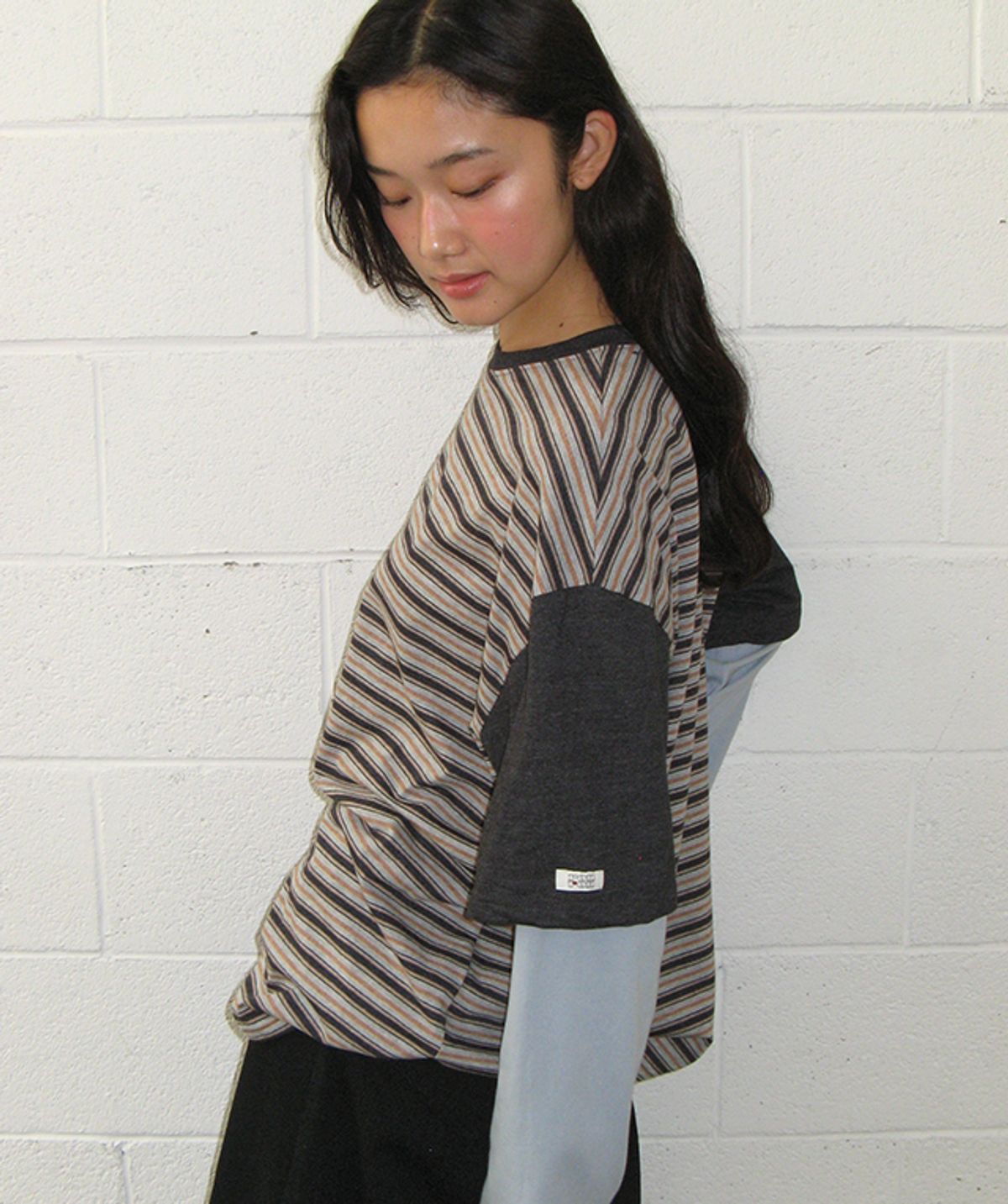 론론(RONRON) COLOR BLOCK STRIPE LAYERED LONG SLEEVE GREY