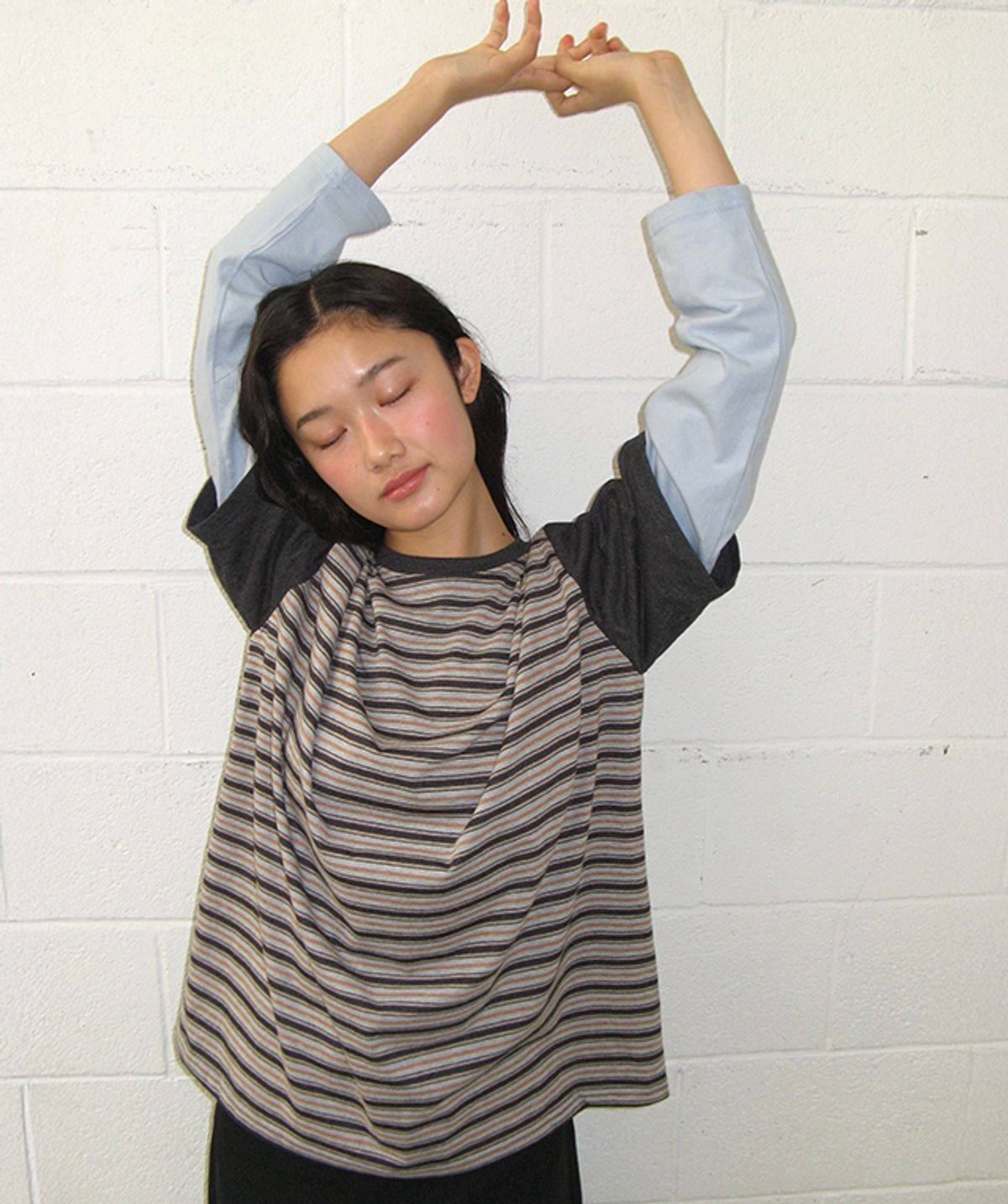 론론(RONRON) COLOR BLOCK STRIPE LAYERED LONG SLEEVE GREY