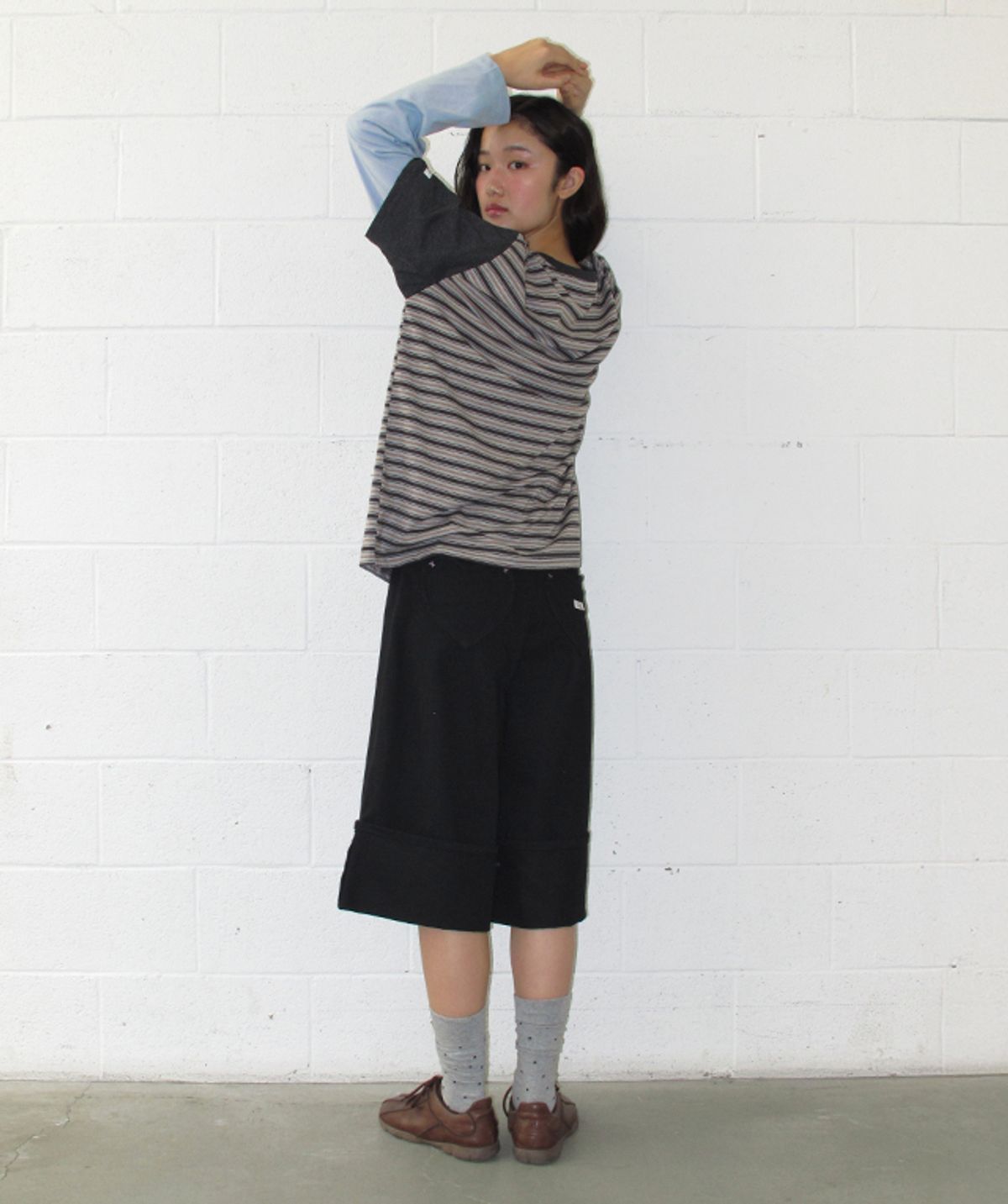 론론(RONRON) COLOR BLOCK STRIPE LAYERED LONG SLEEVE GREY