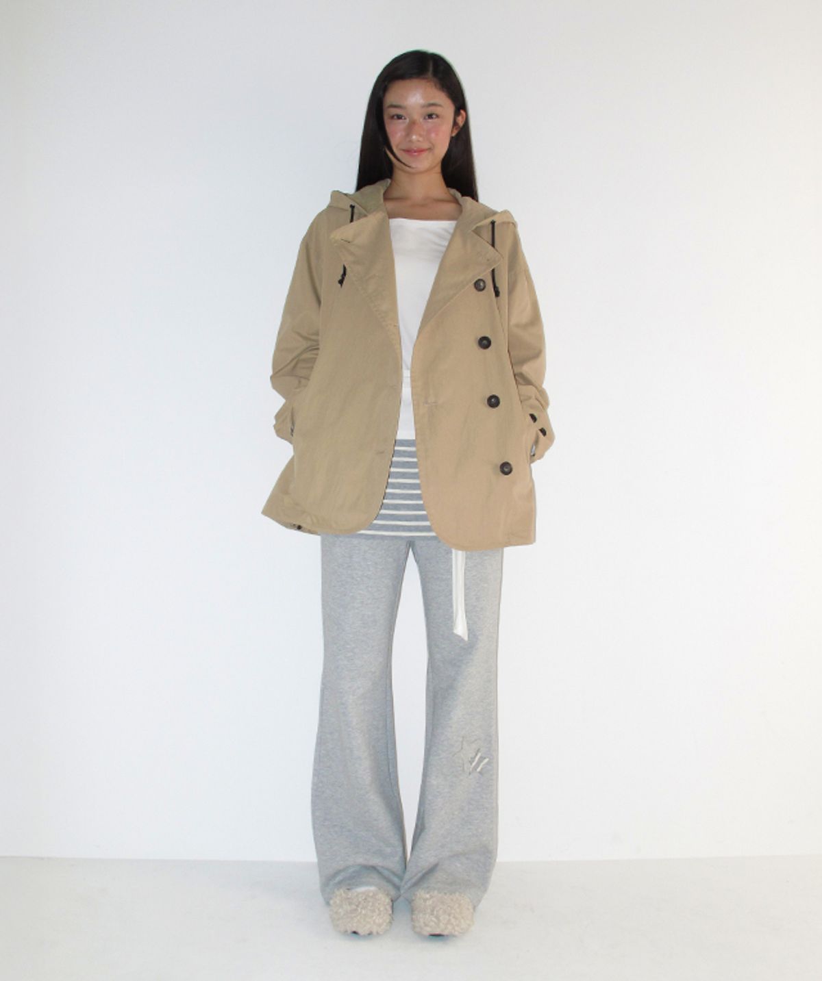 론론(RONRON) HOODED ASYMMETRIC TRENCH JACKET BEIGE