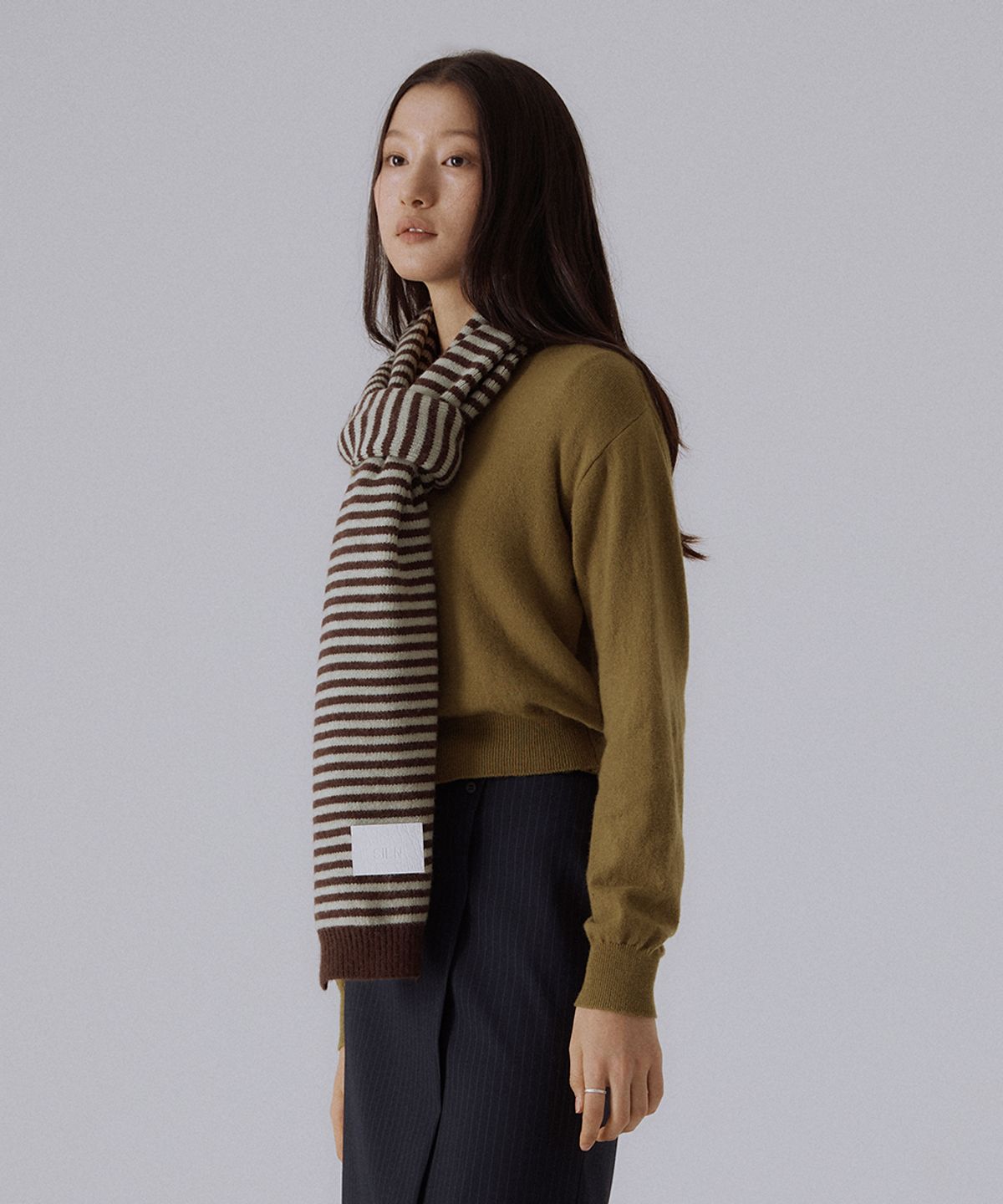 실른(SILN) Linea stripe knit muffler (BROWN/SAGE)