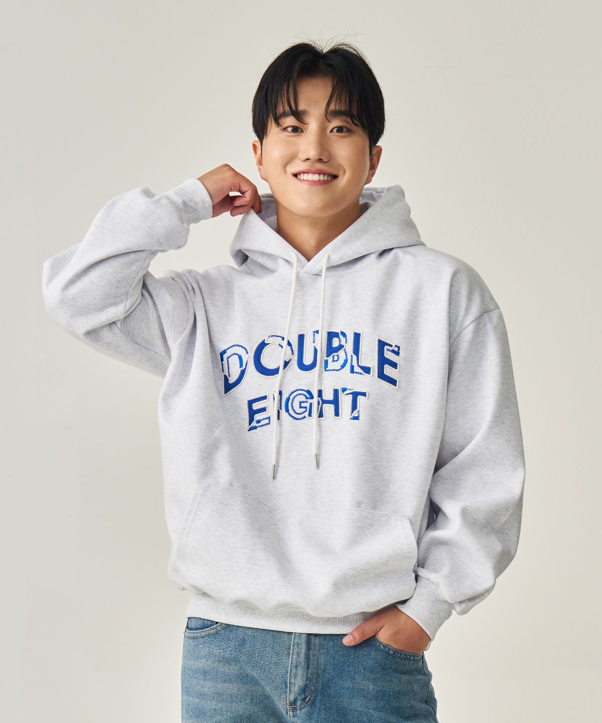 더블에잇(DOUBLE EIGHT) 웨이브 자수 후드 (화이트멜란지)
