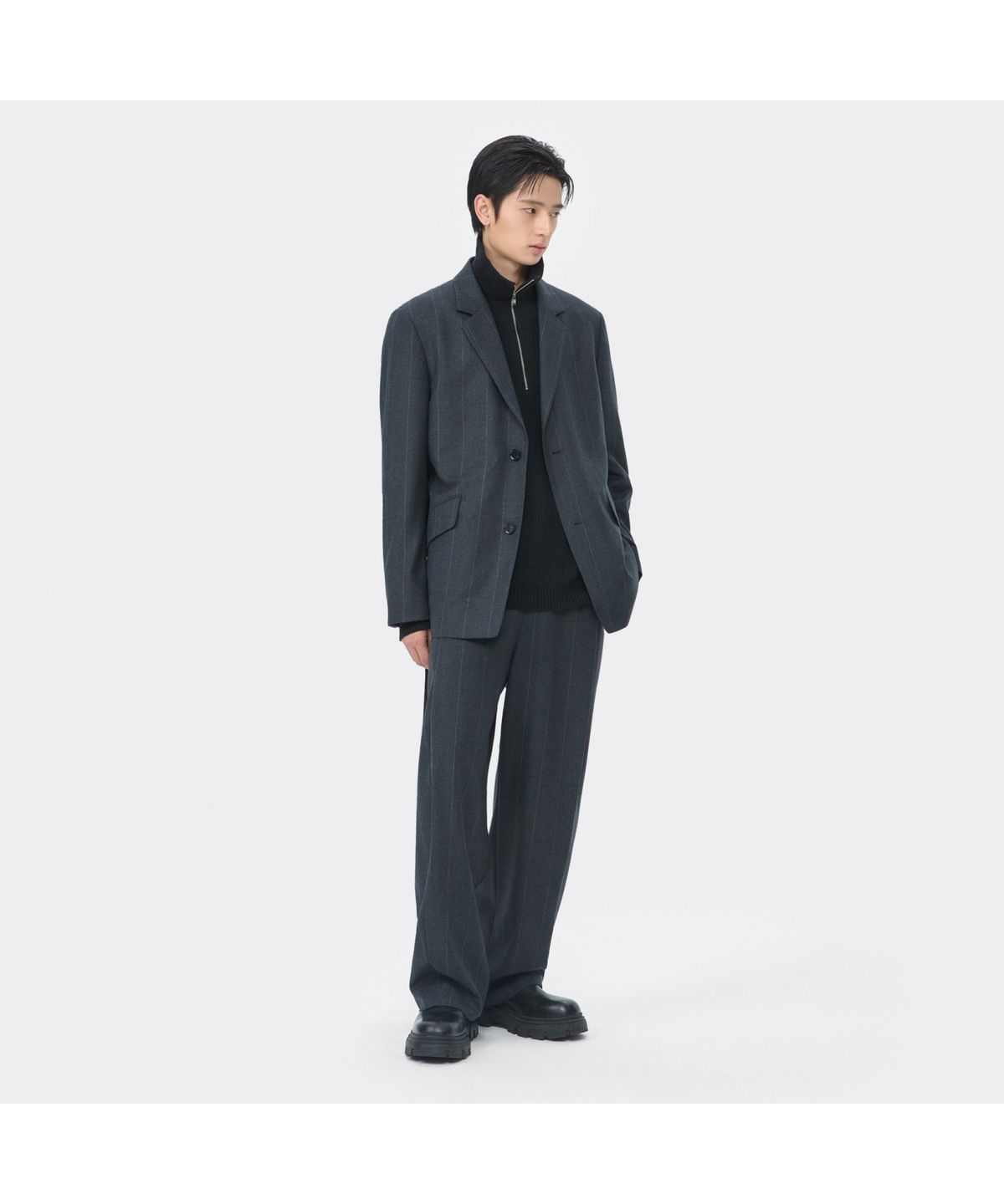 커스텀멜로우(CUSTOMELLOW) Grey Mid Length Striped Setup Jacket CWJAW25841GYD