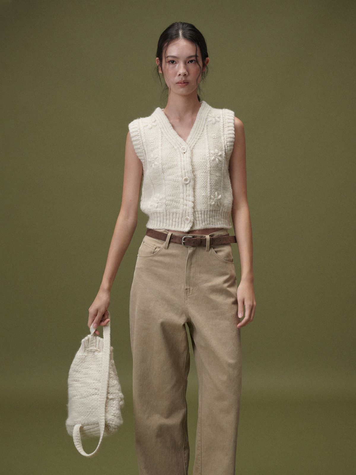 플라드주르(PLATDUJOUR) Appliquer knit bag (Brown)