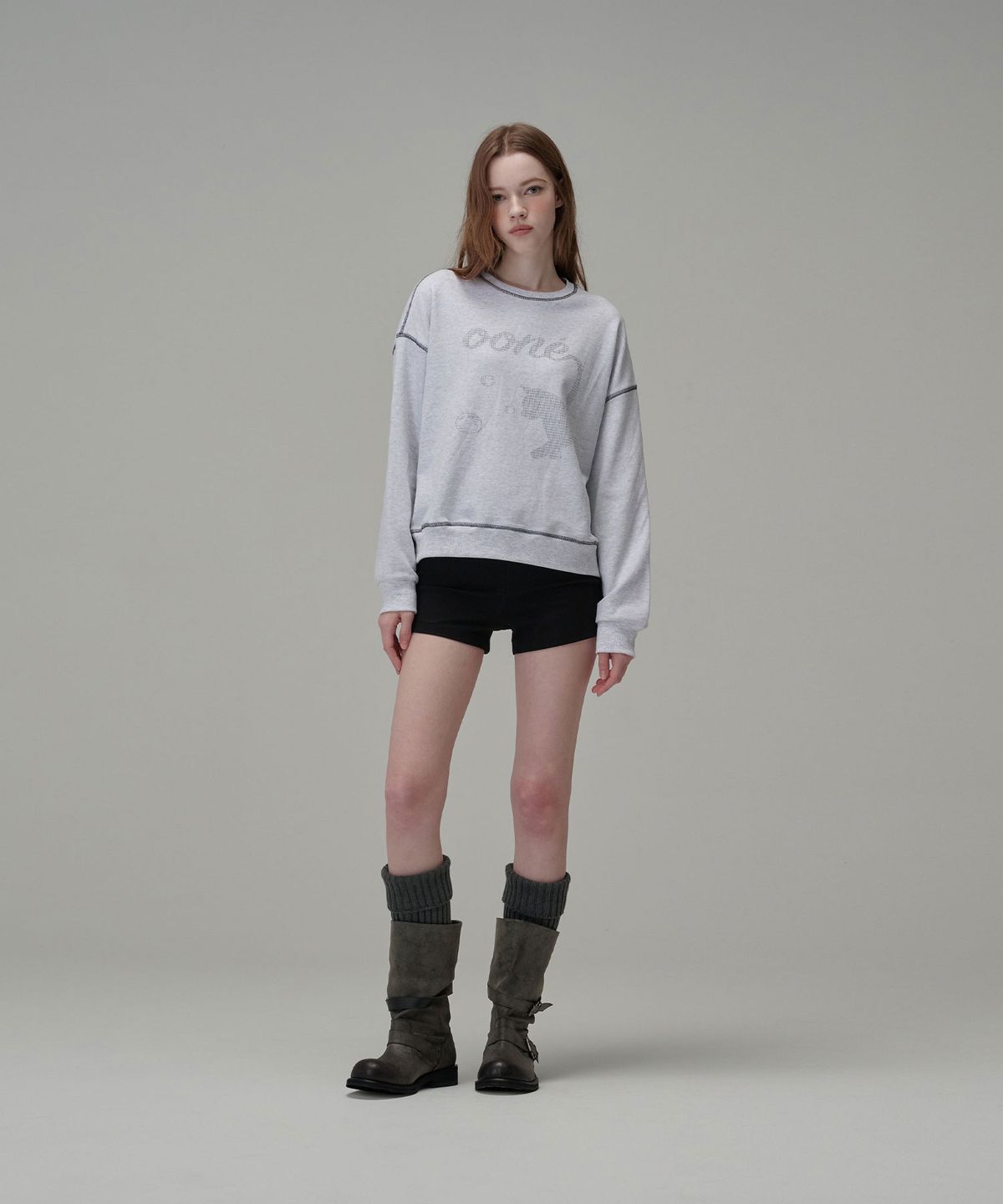 우네(OONE) ASCII Cat Stitch Sweatshirt_White Melange