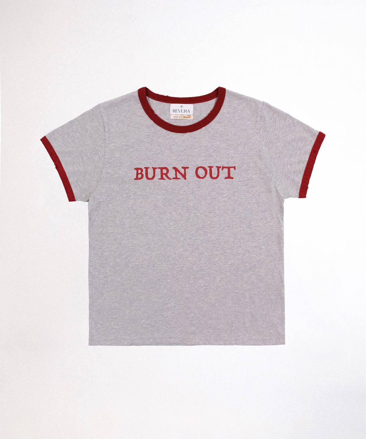 레뷰라(REVURA) BURN OUT FRAY RINGER T-SHIRT - GRAY / RED