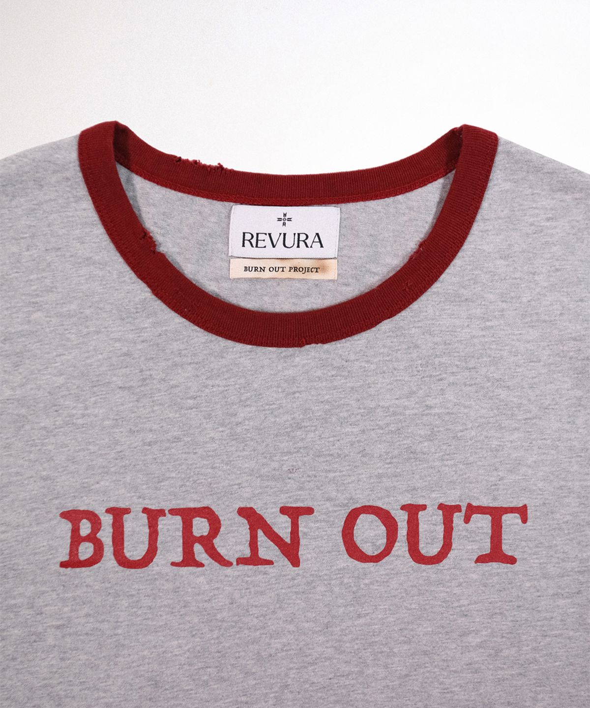 레뷰라(REVURA) BURN OUT FRAY RINGER T-SHIRT - GRAY / RED