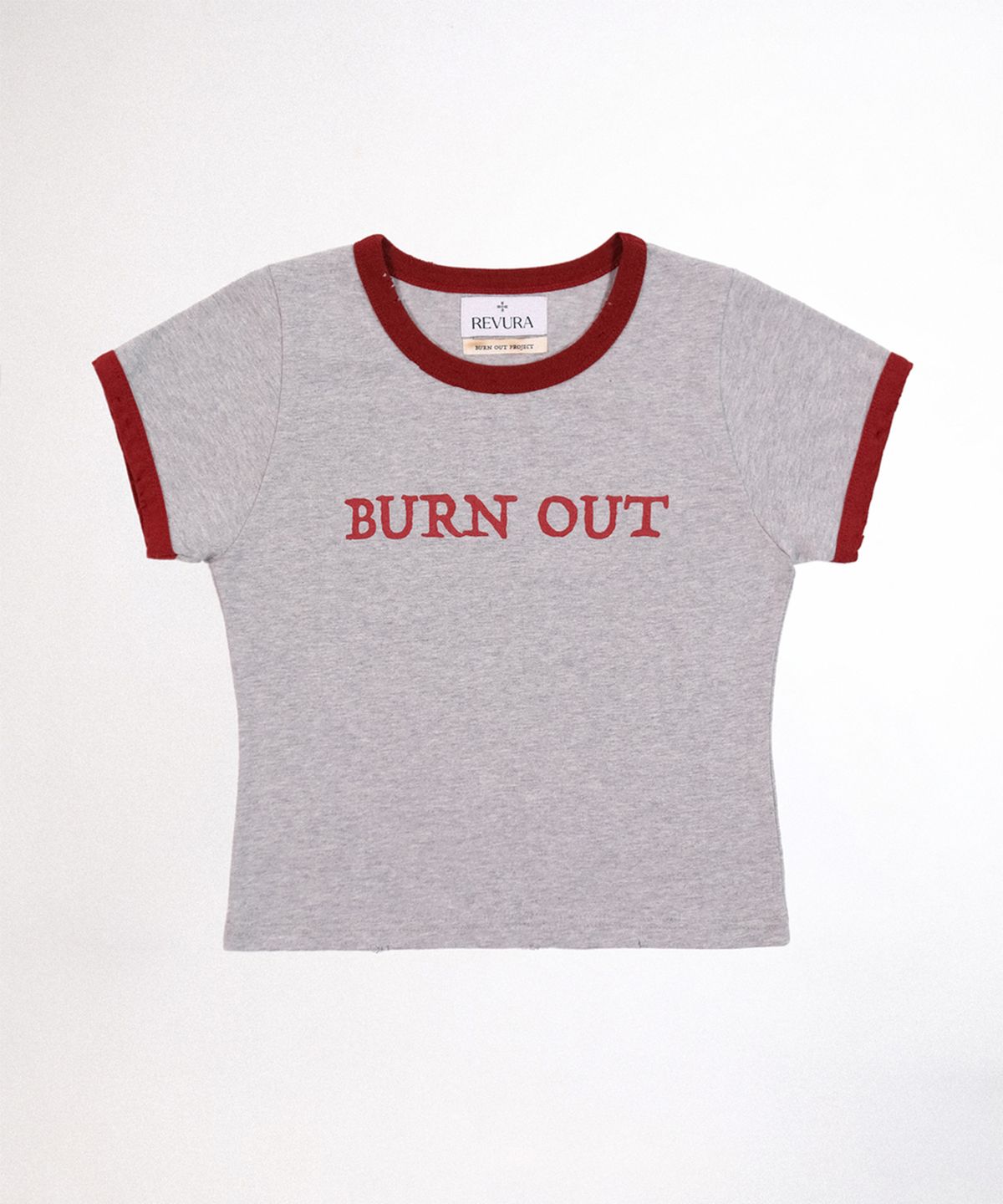 레뷰라(REVURA) BURN OUT FRAY RINGER T-SHIRT (W) - GRAY / RED