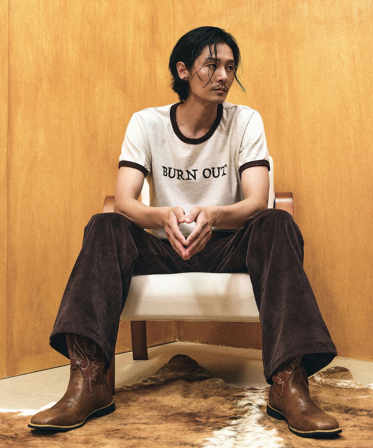 레뷰라(REVURA) BURN OUT FRAY RINGER T-SHIRT - OATMEAL / BROWN