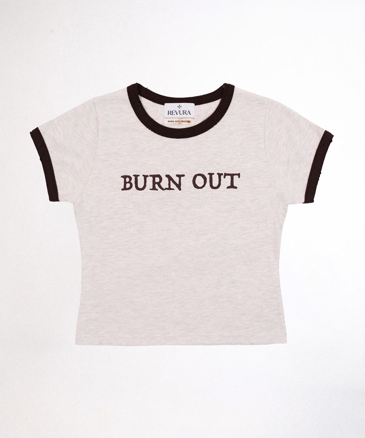 레뷰라(REVURA) BURN OUT FRAY RINGER T-SHIRT (W) - OATMEAL / BROWN