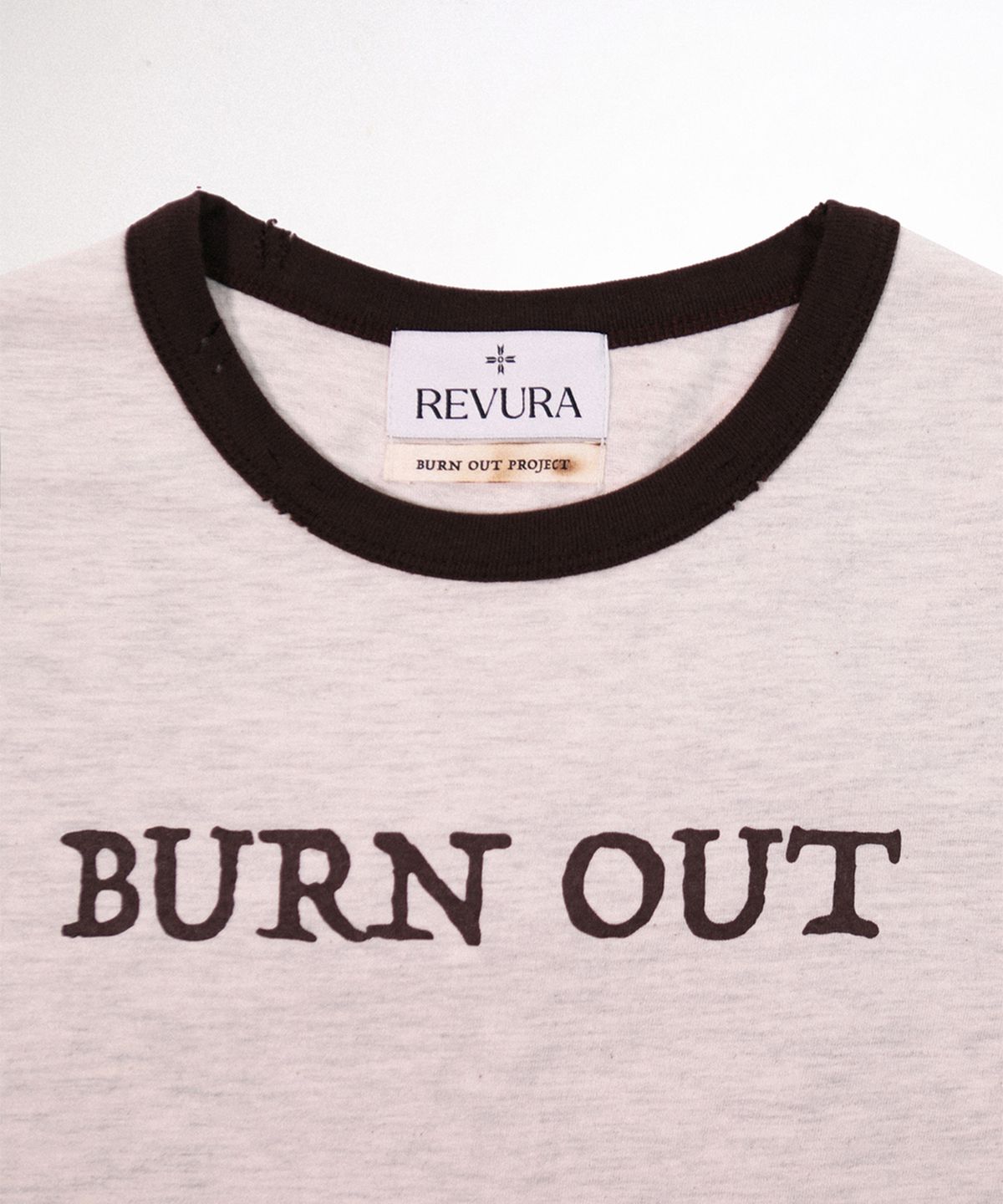 레뷰라(REVURA) BURN OUT FRAY RINGER T-SHIRT (W) - OATMEAL / BROWN
