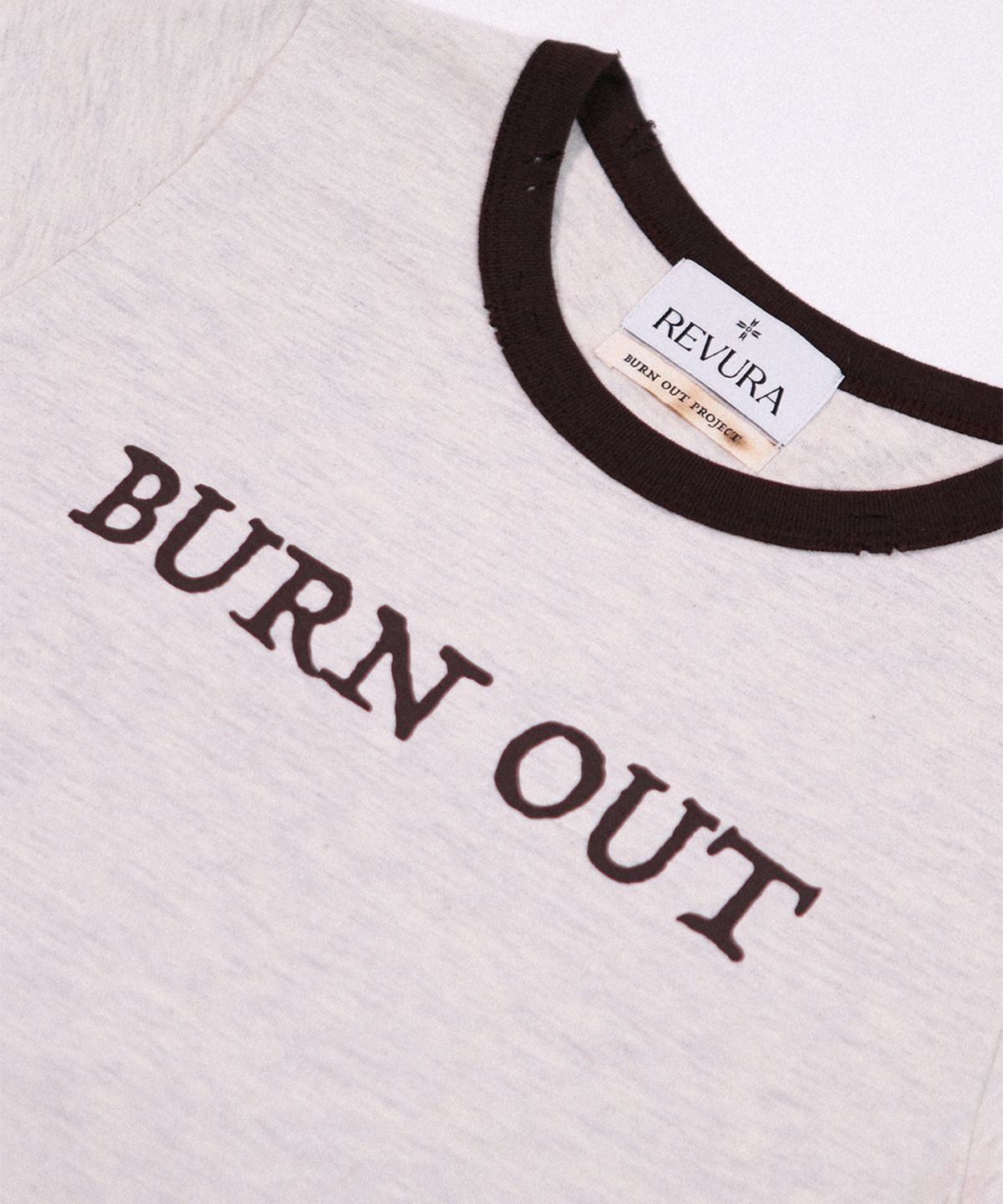 레뷰라(REVURA) BURN OUT FRAY RINGER T-SHIRT (W) - OATMEAL / BROWN