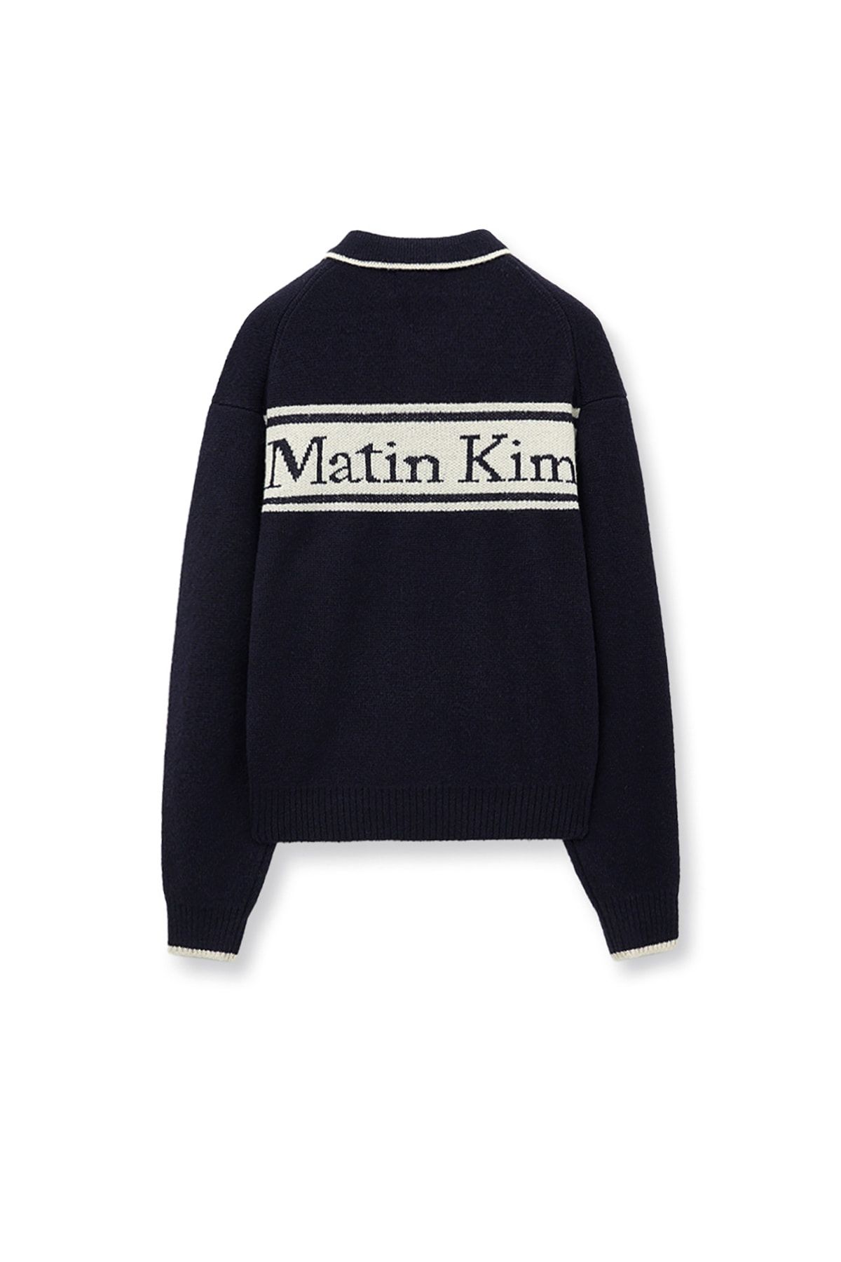 マーティン キム　BACK LOGO JACQUARD KNIT MUSINSA | MATIN KIM BACK LOGO COLLAR KNIT TOP FOR MEN IN DARK NAVY