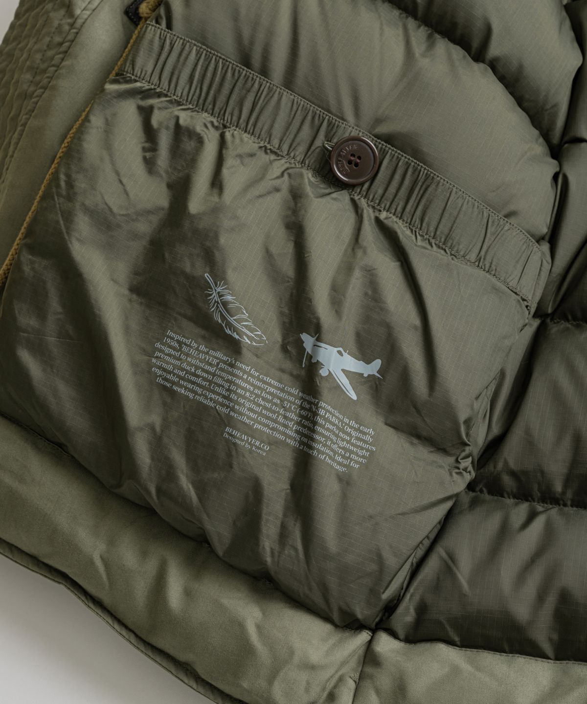 비헤비어(BEHEAVYER) N3B DUCK DOWN MIL PARKA sage olive