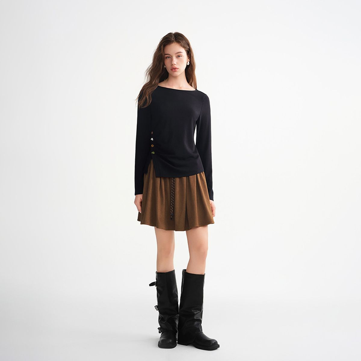 에이앤레이(AEIREI) AR_Side button point long sleeve top_BLACK