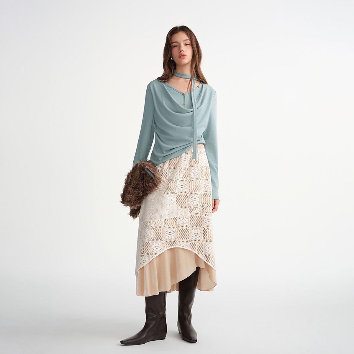 에이앤레이(AEIREI) AR_Scarf shirring long sleeve top_BLUE