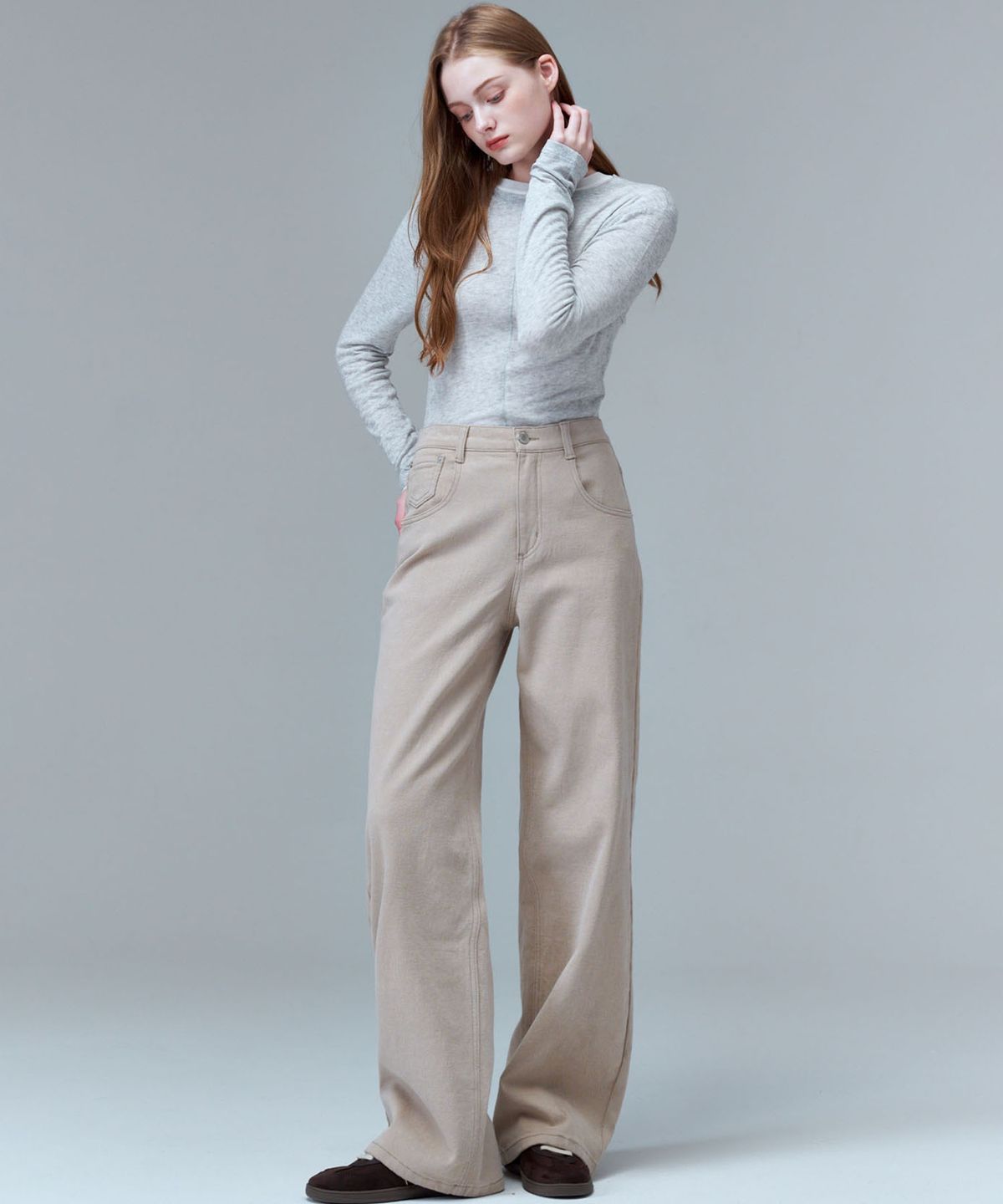 마롭(MALOUPE) 9150 기모 칼라 와이드 팬츠 (베이지)