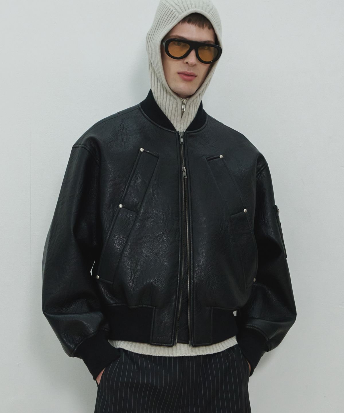 문선(MOONSUN) UNISEX, 4 Pocket Vegan Leather MA-1 Jacket / Black